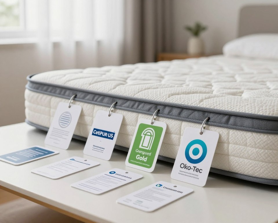 A visually striking composition showcasing various mattress safety certifications. The foreground features a neatly arranged table displaying certification tags and logos, such as CertiPUR-US, Greenguard Gold, and Oeko-Tex. In the middle ground, a high-quality, modern mattress is partially visible, emphasizing its breathable materials and safe construction. The background is a softly lit bedroom setting, with natural light filtering through sheer curtains to create a calming atmosphere. A slight depth of field blurs the background details, focusing on the certifications. The scene conveys a sense of trust and safety while being professionally inviting, suitable for readers interested in regulatory standards for mattresses. The overall mood is informative yet serene, highlighting the importance of safety in bedding products. A visually striking composition showcasing various mattress safety certifications. The foreground features a neatly arranged table displaying certification tags and logos, such as CertiPUR-US, Greenguard Gold, and Oeko-Tex. In the middle ground, a high-quality, modern mattress is partially visible, emphasizing its breathable materials and safe construction. The background is a softly lit bedroom setting, with natural light filtering through sheer curtains to create a calming atmosphere. A slight depth of field blurs the background details, focusing on the certifications. The scene conveys a sense of trust and safety while being professionally inviting, suitable for readers interested in regulatory standards for mattresses. The overall mood is informative yet serene, highlighting the importance of safety in bedding products.