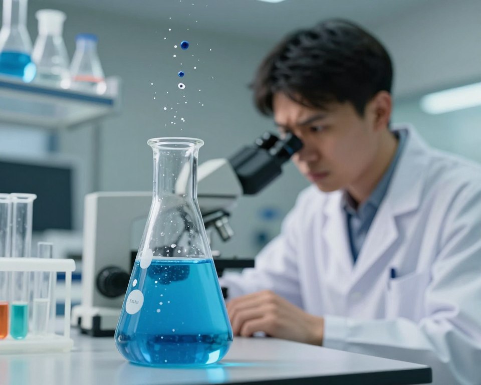 A visually striking depiction of Tritan plastic toxicity, showcasing a laboratory setting. In the foreground, a close-up of a laboratory flask filled with a vibrant blue liquid, representing chemical leaching from Tritan plastic. Surrounding the flask, small particles and molecules swirl, symbolizing toxicity. In the middle ground, a scientist in a professional white lab coat examines the flask, using a microscope, with a concerned expression. In the background, shelves filled with various plastic samples and scientific equipment hint at ongoing research. Soft, diffused lighting highlights the flask, casting gentle shadows that create a serious yet informative atmosphere. The angle should be slightly tilted to emphasize urgency and curiosity towards the potential risks of Tritan plastic. A visually striking depiction of Tritan plastic toxicity, showcasing a laboratory setting. In the foreground, a close-up of a laboratory flask filled with a vibrant blue liquid, representing chemical leaching from Tritan plastic. Surrounding the flask, small particles and molecules swirl, symbolizing toxicity. In the middle ground, a scientist in a professional white lab coat examines the flask, using a microscope, with a concerned expression. In the background, shelves filled with various plastic samples and scientific equipment hint at ongoing research. Soft, diffused lighting highlights the flask, casting gentle shadows that create a serious yet informative atmosphere. The angle should be slightly tilted to emphasize urgency and curiosity towards the potential risks of Tritan plastic.