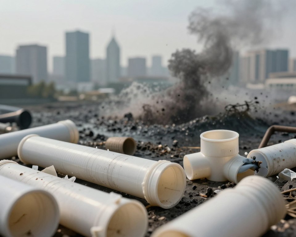 A visually striking depiction of the harmful effects of PVC, illustrating environmental and health concerns. In the foreground, show a close-up of PVC items, like pipes and packaging, with subtle signs of wear and chemical leaching. In the middle ground, create an abstract representation of pollution, using dark waves and toxic fumes that symbolize contamination. The background features a blurred city skyline under a hazy sky, hinting at urban environments affected by PVC waste. Use soft, diffused lighting to evoke a somber mood, with shadows highlighting the contrast between the products and their detrimental effects. Capture this scene through a slight downward angle to emphasize the gravity of the issue while maintaining a professional and educational atmosphere.
