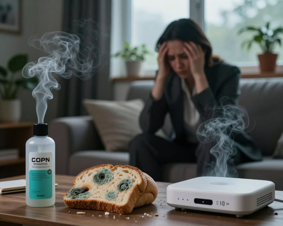 A visually striking illustration depicting common indoor pollutants that trigger neurological symptoms. In the foreground, showcase various household items emitting subtle wisps of hazardous gases: a synthetic air freshener, moldy bread, and a dusty electronic device. In the middle ground, present a dimly lit living room setting, with a concerned person, wearing professional attire, holding their head in discomfort, surrounded by plants that appear unhealthy. In the background, create a window revealing a hazy outdoor view to symbolize the impact of indoor air quality on mental health. Use soft, moody lighting to convey a sense of unease, and employ a slight depth of field with a close-up focus on the pollutants, leaving the background subtly blurred.