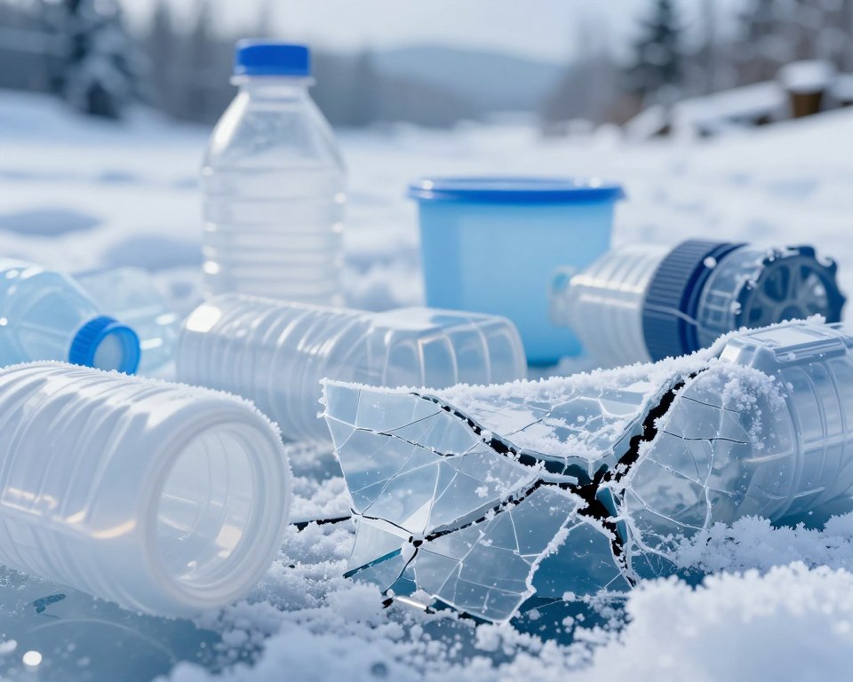 A visually striking illustration depicting the effects of freezing temperatures on plastic materials, with a focus on structural integrity. In the foreground, feature a close-up of cracked and brittle plastic, showcasing fine details like jagged edges and frost accumulation. The middle ground should display a variety of plastic objects, such as containers and structural components, some visibly damaged by freezing, emphasizing the contrast between intact and compromised materials. In the background, illustrate a cold winter landscape with snow and ice to set a chilly mood. Utilize cool blue and white lighting to enhance the frigid atmosphere, capturing a sense of caution and fragility. The perspective should emphasize the damage while maintaining a professional and informative tone.