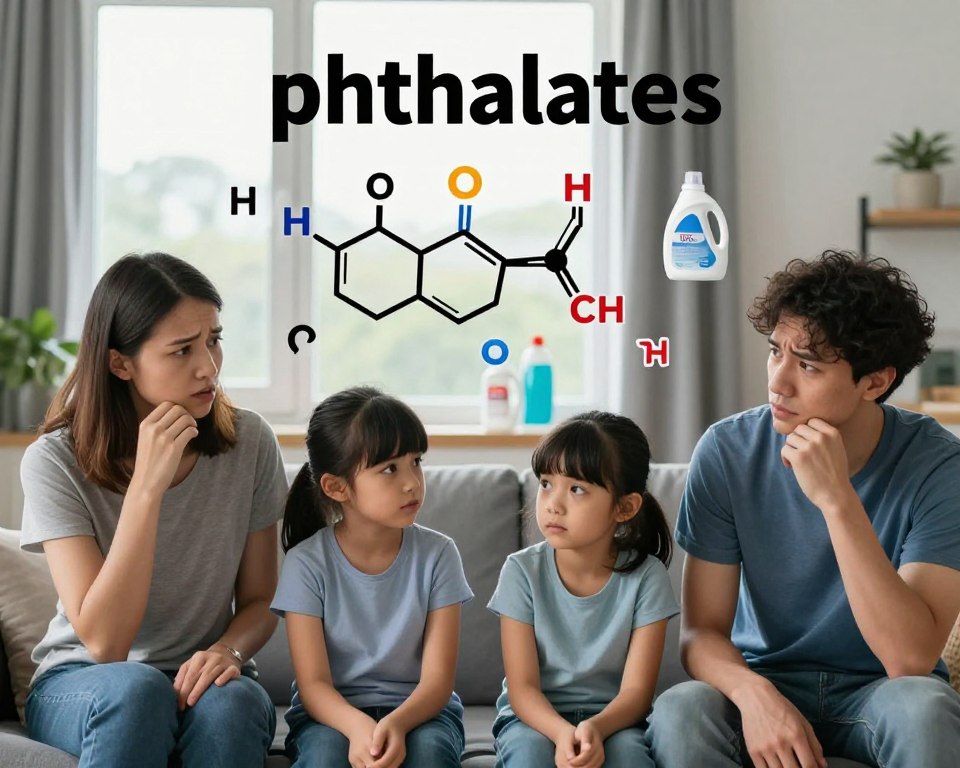 A visually striking illustration depicting the impacts of phthalates on health and indoor air quality. In the foreground, a concerned family wearing modest casual clothing is shown in a modern living room, with subtle expressions of worry. In the middle, vibrant chemical symbols and visual representations of phthalate molecules intertwine with images of common household items (like laundry detergents and air fresheners) that may contain these substances. The background features a window slightly ajar, letting in diffused morning light, with a hint of outdoor greenery, emphasizing the importance of air quality. The overall mood is informative and slightly alarming, with a cool color palette to evoke a sense of caution. The scene is captured with a shallow depth of field to focus on the family and the symbolic elements around them.