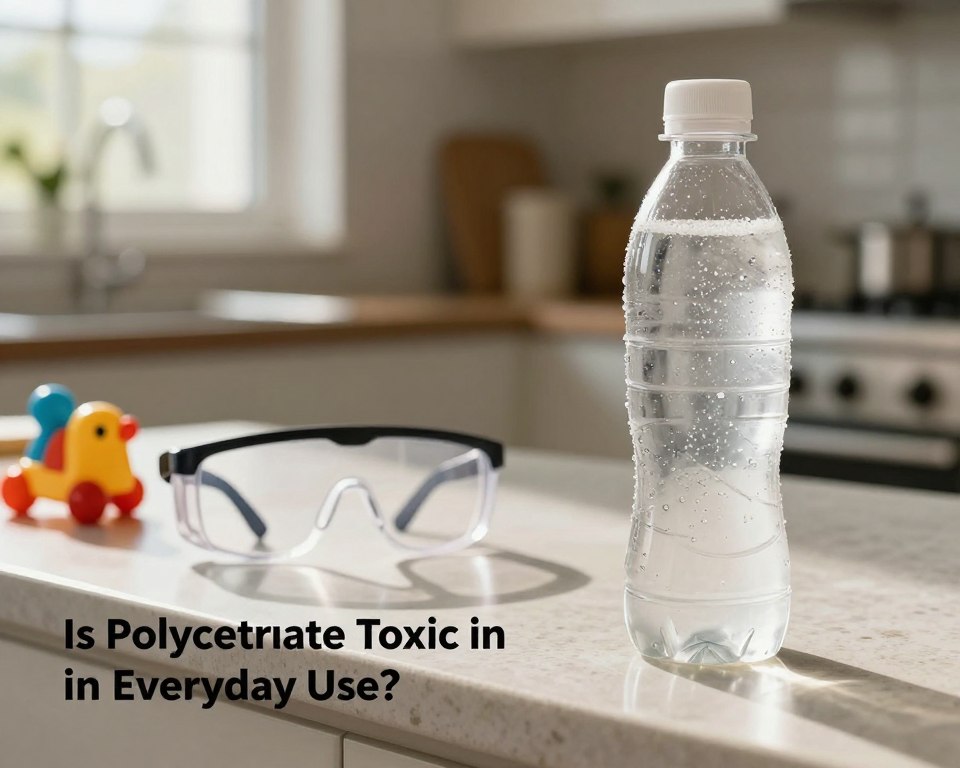 A visually striking illustration depicting the inquiry, "Is Polycarbonate Toxic in Everyday Use." In the foreground, present a close-up of a polycarbonate plastic bottle on a kitchen counter, with condensation forming on its surface, indicating it's filled with a refreshing beverage. In the middle ground, display common items made from polycarbonate, like safety glasses and a children's toy, arranged neatly. The background should feature a kitchen setting with soft, natural lighting pouring in through a window, casting gentle shadows. The atmosphere should evoke a sense of everyday life, highlighting the practicality of polycarbonate, while subtly raising questions about its safety. Use a warm color palette to create an inviting mood, ensuring all elements are clear and professional. A visually striking illustration depicting the inquiry, "Is Polycarbonate Toxic in Everyday Use." In the foreground, present a close-up of a polycarbonate plastic bottle on a kitchen counter, with condensation forming on its surface, indicating it's filled with a refreshing beverage. In the middle ground, display common items made from polycarbonate, like safety glasses and a children's toy, arranged neatly. The background should feature a kitchen setting with soft, natural lighting pouring in through a window, casting gentle shadows. The atmosphere should evoke a sense of everyday life, highlighting the practicality of polycarbonate, while subtly raising questions about its safety. Use a warm color palette to create an inviting mood, ensuring all elements are clear and professional.