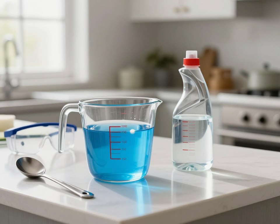 A visually striking illustration focusing on dilution ratios for cleaning solutions. In the foreground, a clear glass measuring cup filled with bright blue concentrated cleaner is prominently displayed, alongside a graduated cylinder containing clear water, demonstrating careful mixing. The middle ground features a clean, well-organized countertop with various tools such as a mixing spoon, safety goggles, and measuring spoons. In the background, a softly lit kitchen setting creates a calm atmosphere, with cabinets and a window allowing gentle sunlight to filter in, enhancing clarity. The image should convey a sense of safety and professionalism, with a clean and sanitized appearance, evoking the importance of proper mixing procedures in household cleaning.