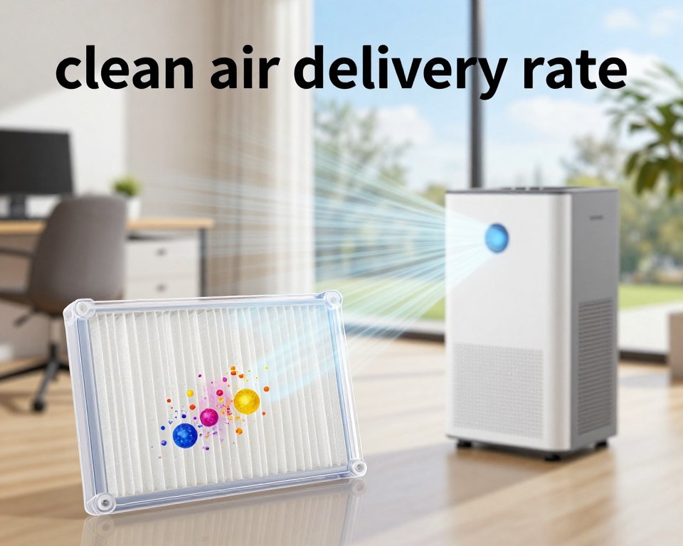 A visually striking illustration of "clean air delivery rate" related to HEPA filters. In the foreground, a transparent HEPA filter is showcased, with particles being captured and separated, highlighted in vivid colors to signify cleanliness. The middle ground features an indoor environment, such as a modern office or living room, where an air purifier is in operation, emitting clear, visible air currents represented by light beams. The background presents a soft-focus view of an outdoor scene with blue skies and greenery, symbolizing fresh air quality. The image should have bright, natural lighting to evoke a sense of purity and health. Use a slightly elevated angle to capture all elements harmoniously, creating a serene and optimistic atmosphere. A visually striking illustration of "clean air delivery rate" related to HEPA filters. In the foreground, a transparent HEPA filter is showcased, with particles being captured and separated, highlighted in vivid colors to signify cleanliness. The middle ground features an indoor environment, such as a modern office or living room, where an air purifier is in operation, emitting clear, visible air currents represented by light beams. The background presents a soft-focus view of an outdoor scene with blue skies and greenery, symbolizing fresh air quality. The image should have bright, natural lighting to evoke a sense of purity and health. Use a slightly elevated angle to capture all elements harmoniously, creating a serene and optimistic atmosphere.