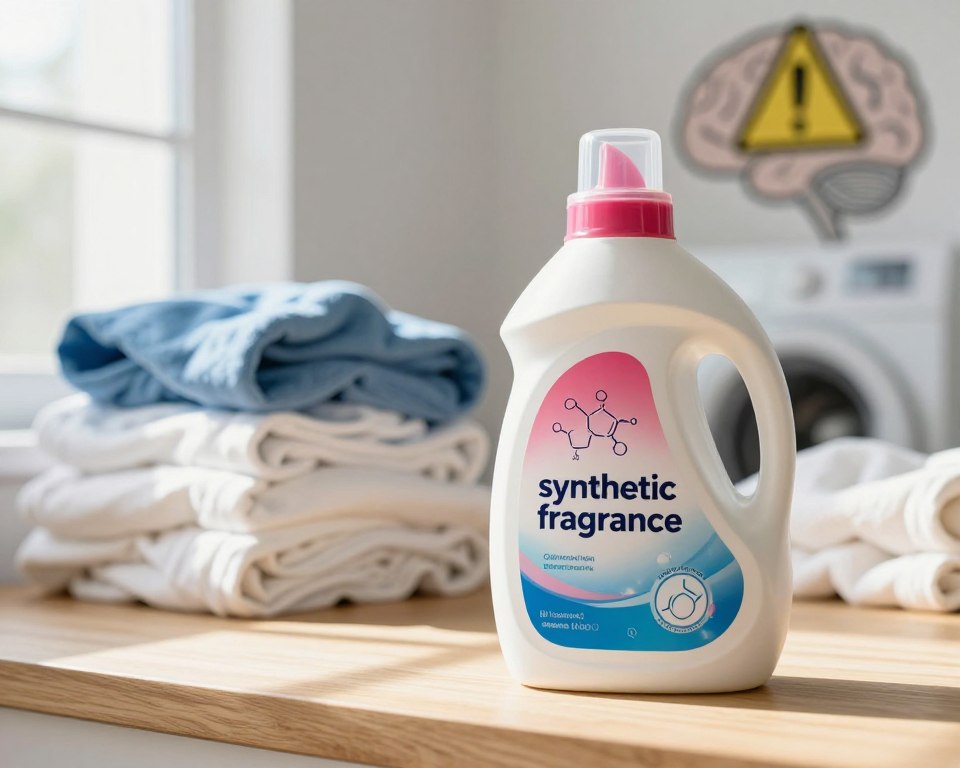 A visually striking image depicting a bottle of laundry detergent labeled as "synthetic fragrance" sitting on a wooden surface. In the foreground, the detergent's colorful, alluring packaging contrasts with an array of chemical symbols representing the potential risks of synthetic fragrances. In the middle ground, a backdrop of fluffy, clean laundry piles suggests a typical laundry room, with soft, diffused sunlight filtering through a nearby window, casting gentle shadows. In the background, a subtle hint of a brain silhouette with warning signs emerges, symbolizing health concerns associated with synthetic fragrances. The atmosphere feels cautionary yet intriguing, highlighting the hidden dangers of seemingly innocuous laundry products without any text or distracting elements. The composition is balanced, inviting viewers to reflect on the unseen implications of their laundry choices. A visually striking image depicting a bottle of laundry detergent labeled as "synthetic fragrance" sitting on a wooden surface. In the foreground, the detergent's colorful, alluring packaging contrasts with an array of chemical symbols representing the potential risks of synthetic fragrances. In the middle ground, a backdrop of fluffy, clean laundry piles suggests a typical laundry room, with soft, diffused sunlight filtering through a nearby window, casting gentle shadows. In the background, a subtle hint of a brain silhouette with warning signs emerges, symbolizing health concerns associated with synthetic fragrances. The atmosphere feels cautionary yet intriguing, highlighting the hidden dangers of seemingly innocuous laundry products without any text or distracting elements. The composition is balanced, inviting viewers to reflect on the unseen implications of their laundry choices.