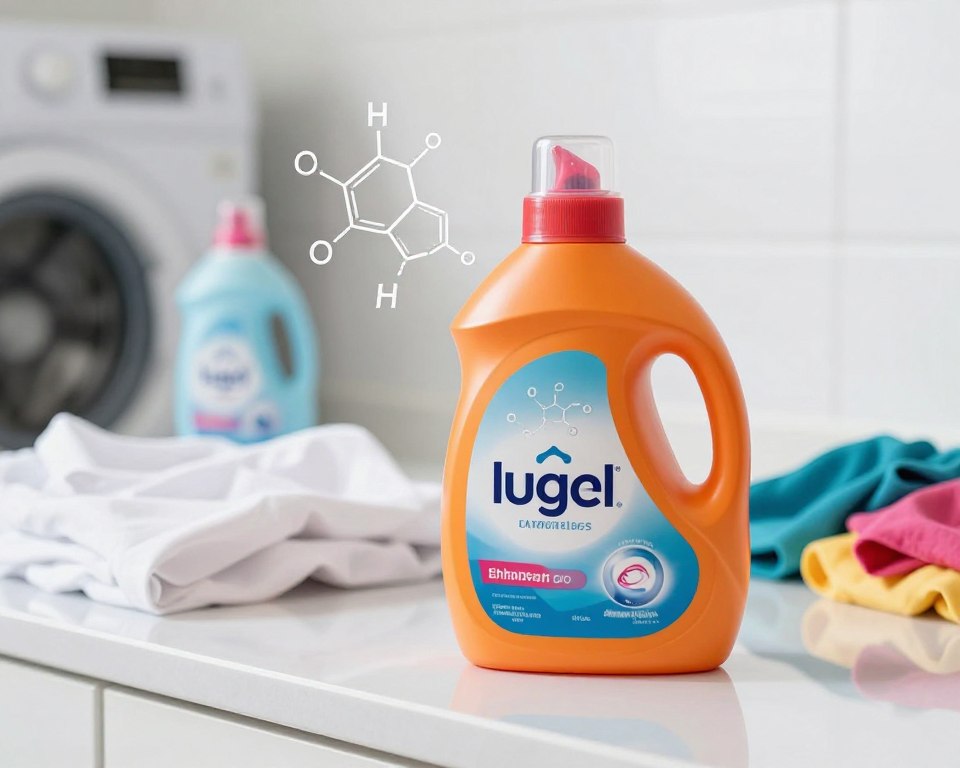 A visually striking image depicting a close-up view of a brightly colored bottle of fragranced laundry detergent, placed on a shiny, modern countertop. The foreground features chemical symbols and molecular structures floating around the detergent, symbolizing the hidden harmful chemicals inside, like phthalates. In the middle ground, a soft-focus of laundry items like fresh white shirts and a colorful fabric softener bottle adds context. The background is slightly blurred, hinting at a well-lit, tidy laundry room environment. The lighting is bright and clinical, creating an atmosphere of scrutiny. The color scheme balances vibrant detergent packaging with muted, neutral tones to emphasize the contrast between appealing fragrance and the hidden dangers of chemical ingredients.