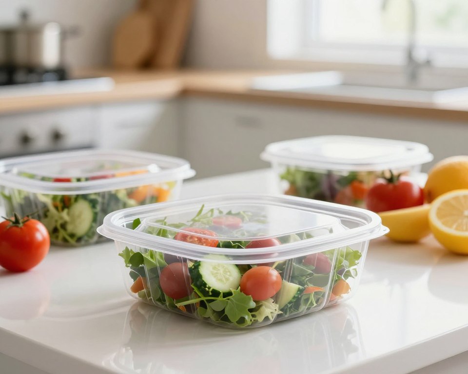 A visually striking image depicting a close-up view of disposable plastic food containers, surrounded by fresh, colorful fruits and vegetables. In the foreground, focus on a transparent plastic takeout container filled with a vibrant salad, showcasing a variety of greens, cherry tomatoes, and cucumbers. In the middle ground, include a white, clean table with subtle reflections, enhancing the cleanliness of food presentation. The background should feature a blurred kitchen setting with soft, natural lighting pouring through a window, creating a warm and inviting atmosphere. The overall mood should evoke a sense of safety and awareness regarding food safety, emphasizing the relationship between disposable plastic and fresh food items, without any human subjects.