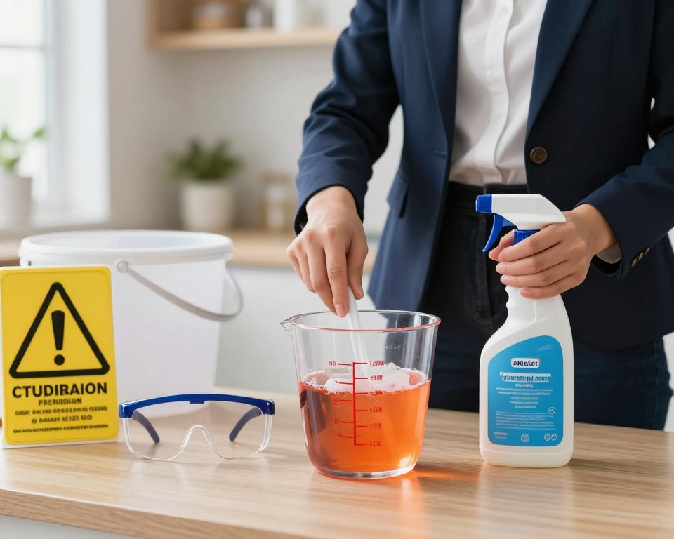 A visually striking image depicting a home environment where a person in professional business attire carefully prepares concentrated cleaners. In the foreground, focus on a transparent measuring cup filled with a brightly colored concentrated cleaner, alongside a clearly labeled spray bottle and safety goggles. The middle ground features a well-organized countertop with caution signs about dilution hazards and a partially filled bucket. In the background, show a blurred kitchen setting with soft, natural light flowing in, creating a safe but cautionary atmosphere. The overall mood is one of diligence and awareness, emphasizing the potential health risks associated with improper dilution of cleaning products.