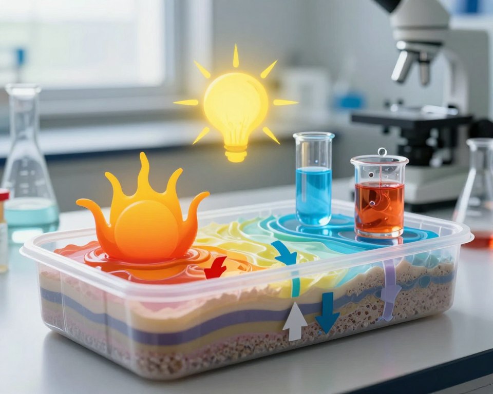 A visually striking image depicting factors that increase chemical leaching in plastic containers. In the foreground, a cross-section of a plastic container shows layers of material underneath, with arrows illustrating leaching processes. The middle ground features various environmental factors such as heat waves, UV light, and acidic substances represented artistically through bright colors and visual effects. In the background, a laboratory setting with scientific equipment and glassware indicates a research environment, softly illuminated by natural light through a window. The atmosphere exudes a sense of curiosity and caution, emphasizing the importance of understanding chemical interactions. The overall composition should convey a mood of scientific inquiry and environmental awareness, captured from a slightly elevated angle for depth.