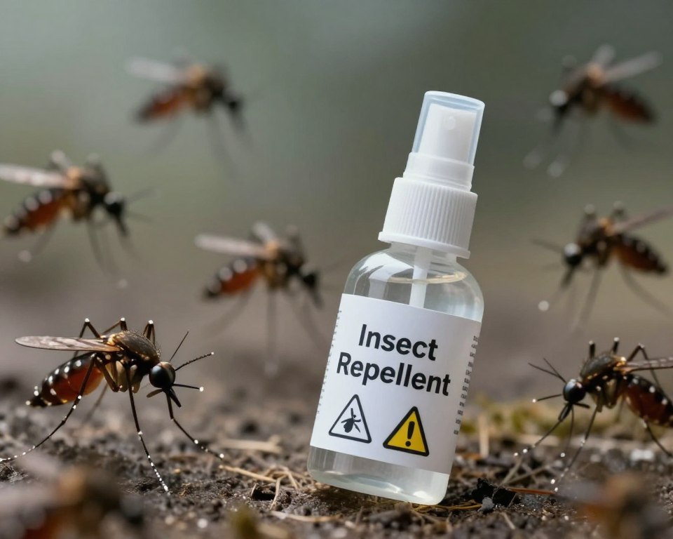 A visually striking image depicting the health risks of insect repellents, focusing on a spray bottle labeled "Insect Repellent" in the foreground, set against a blurred backdrop of ominous mosquitoes hovering. The bottle should be designed with a clear, clinical aesthetic, emphasizing safety and efficacy. In the middle ground, subtle illustrations of warning icons for poison and toxicity should intertwine with the mosquitoes, suggesting potential hazards. Soft, diffused lighting should create a slightly tense atmosphere, evoking caution. The composition should be shot from a slightly elevated angle, ensuring the spray bottle remains the focal point, while the mosquitoes and warning signs appear menacing yet abstract, contributing to an overarching mood of vigilance against mosquito-borne diseases. A visually striking image depicting the health risks of insect repellents, focusing on a spray bottle labeled "Insect Repellent" in the foreground, set against a blurred backdrop of ominous mosquitoes hovering. The bottle should be designed with a clear, clinical aesthetic, emphasizing safety and efficacy. In the middle ground, subtle illustrations of warning icons for poison and toxicity should intertwine with the mosquitoes, suggesting potential hazards. Soft, diffused lighting should create a slightly tense atmosphere, evoking caution. The composition should be shot from a slightly elevated angle, ensuring the spray bottle remains the focal point, while the mosquitoes and warning signs appear menacing yet abstract, contributing to an overarching mood of vigilance against mosquito-borne diseases.