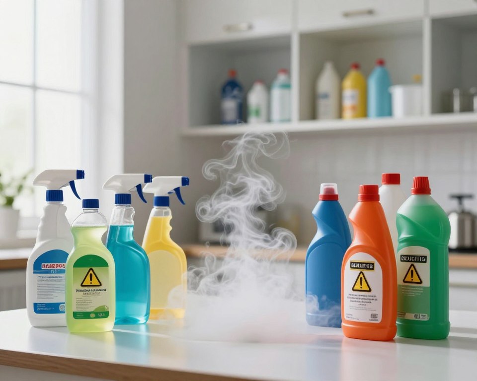 A visually striking image depicting the risks of mixing household cleaning chemicals. In the foreground, show an array of typical cleaning supplies like bleach, ammonia, and various colorful bottles with hazardous signs. In the middle, a laboratory-style table with a few spilled chemicals causing a cloudy, toxic reaction, demonstrating dangerous fumes rising. The background features a bright, well-lit home setting, with an open cleaning cabinet revealing more chemicals, subtly conveying a sense of danger. Use dramatic lighting to create shadows and a sense of urgency. Capture the mood of caution and alertness, emphasizing the importance of proper handling of these materials. Aim for a sharp, focused perspective, as if seen through a macro lens to highlight the details of the chemical reactions.