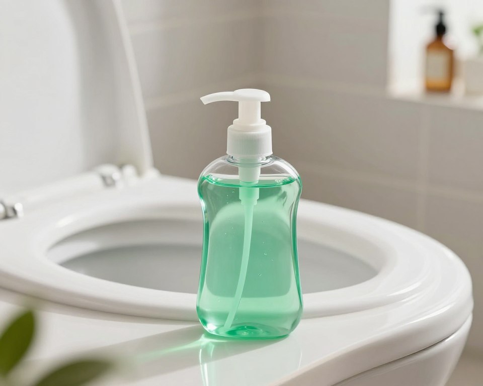 A visually striking image of a septic system friendly toilet gel bottle, prominently displayed in the foreground on a clean bathroom countertop. The gel is a vibrant green, indicating its eco-friendliness, with a sleek, modern design featuring a secure cap and a nozzle for easy dispensing. In the middle ground, an open toilet bowl reflects the gel's application, emphasizing cleanliness and compatibility with septic systems. The background is softly blurred, showing a well-organized bathroom with gentle, natural lighting that creates a welcoming atmosphere. The mood is fresh and reassuring, with hints of greenery suggestive of sustainability and safety for septic tanks. The camera angle is slightly above eye level, providing a clear perspective of the product’s features. A visually striking image of a septic system friendly toilet gel bottle, prominently displayed in the foreground on a clean bathroom countertop. The gel is a vibrant green, indicating its eco-friendliness, with a sleek, modern design featuring a secure cap and a nozzle for easy dispensing. In the middle ground, an open toilet bowl reflects the gel's application, emphasizing cleanliness and compatibility with septic systems. The background is softly blurred, showing a well-organized bathroom with gentle, natural lighting that creates a welcoming atmosphere. The mood is fresh and reassuring, with hints of greenery suggestive of sustainability and safety for septic tanks. The camera angle is slightly above eye level, providing a clear perspective of the product’s features.