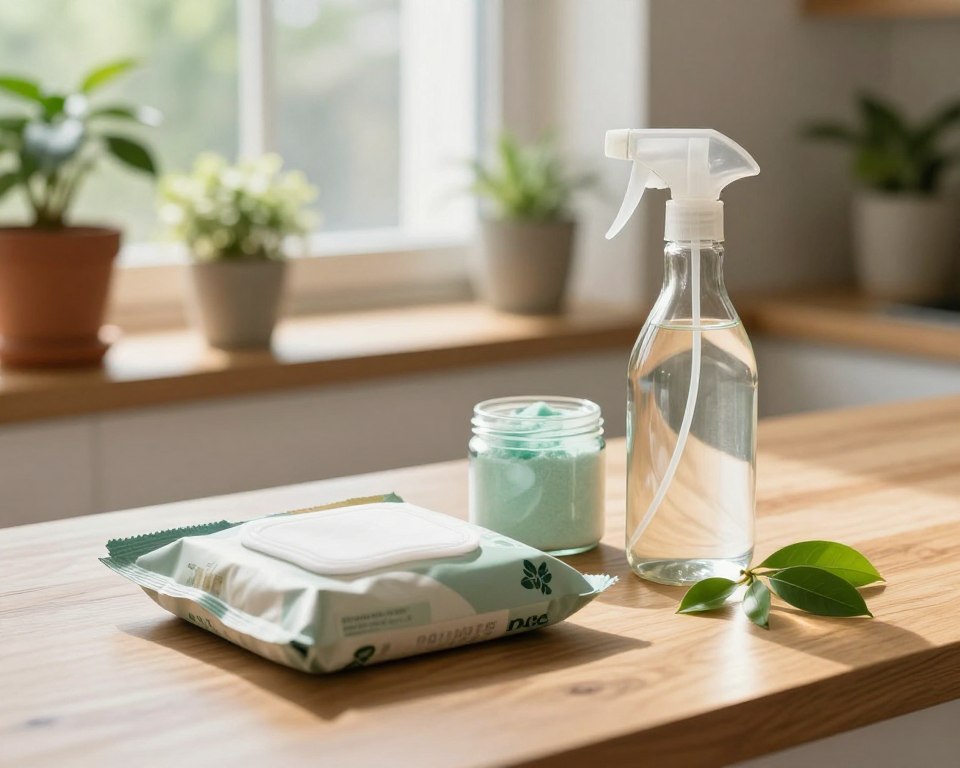 A visually striking image of sustainable cleaning supplies arranged on a wooden countertop. In the foreground, feature a collection of reusable cleaning wipes in eco-friendly packaging, alongside a glass spray bottle filled with homemade cleaning solution, reflecting natural light. The middle ground showcases a plant-based cleaning powder in a small jar, with a few fresh green leaves scattered around. In the background, softly blurred, include a window with natural sunlight streaming in, illuminating a few potted plants, symbolizing an eco-friendly home. The overall mood is calm and inviting, emphasizing the environmentally friendly choices in cleaning products. The lighting should be bright yet soft, creating a warm atmosphere that inspires a sense of sustainability and responsibility. A visually striking image of sustainable cleaning supplies arranged on a wooden countertop. In the foreground, feature a collection of reusable cleaning wipes in eco-friendly packaging, alongside a glass spray bottle filled with homemade cleaning solution, reflecting natural light. The middle ground showcases a plant-based cleaning powder in a small jar, with a few fresh green leaves scattered around. In the background, softly blurred, include a window with natural sunlight streaming in, illuminating a few potted plants, symbolizing an eco-friendly home. The overall mood is calm and inviting, emphasizing the environmentally friendly choices in cleaning products. The lighting should be bright yet soft, creating a warm atmosphere that inspires a sense of sustainability and responsibility.
