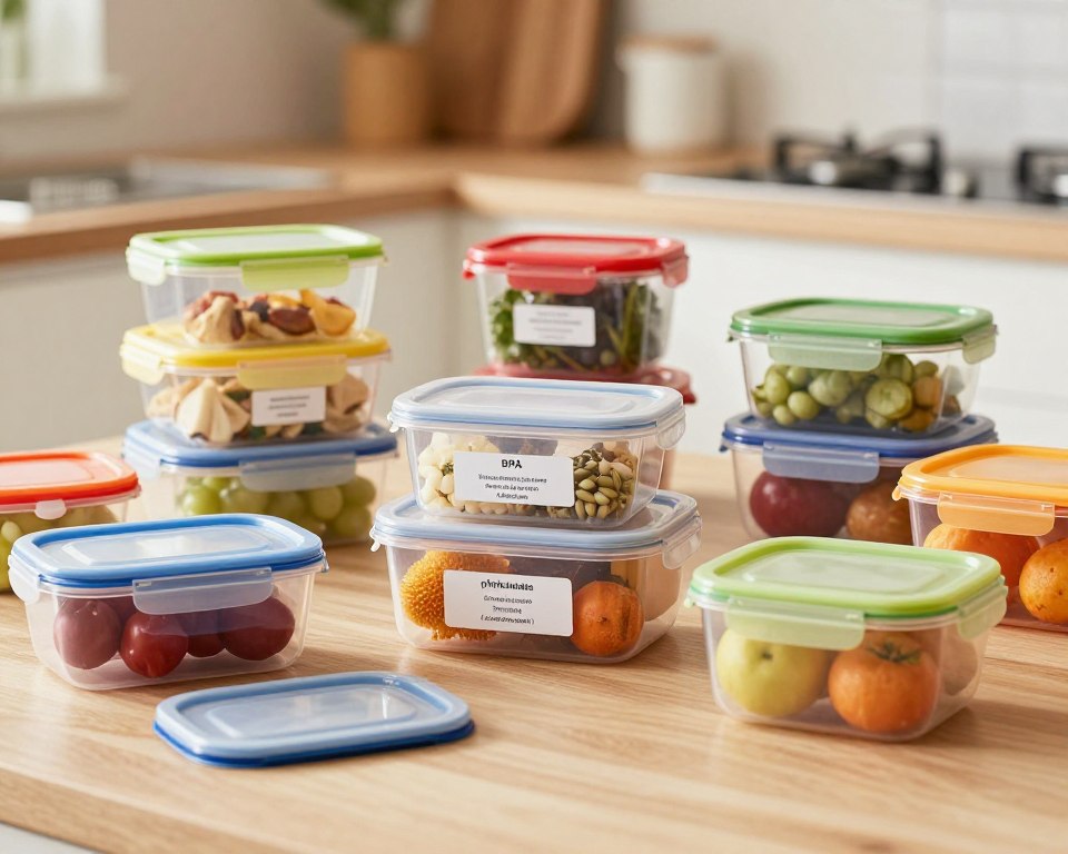 A visually striking image of various plastic food storage containers scattered on a kitchen countertop. The containers are in a range of colors and shapes, showcasing lids in contrasting hues. In the foreground, a few containers are open, revealing glistening food items such as fruits and vegetables. The middle ground features a clear focus on labels indicating chemical compounds known to be hormone disruptors, like BPA and phthalates. The background is softly blurred, depicting a modern kitchen setting with warm, natural lighting creating a welcoming mood. The angle should emphasize the containers' details while maintaining an informative atmosphere, evoking concern about their potential effects on health. A visually striking image of various plastic food storage containers scattered on a kitchen countertop. The containers are in a range of colors and shapes, showcasing lids in contrasting hues. In the foreground, a few containers are open, revealing glistening food items such as fruits and vegetables. The middle ground features a clear focus on labels indicating chemical compounds known to be hormone disruptors, like BPA and phthalates. The background is softly blurred, depicting a modern kitchen setting with warm, natural lighting creating a welcoming mood. The angle should emphasize the containers' details while maintaining an informative atmosphere, evoking concern about their potential effects on health.