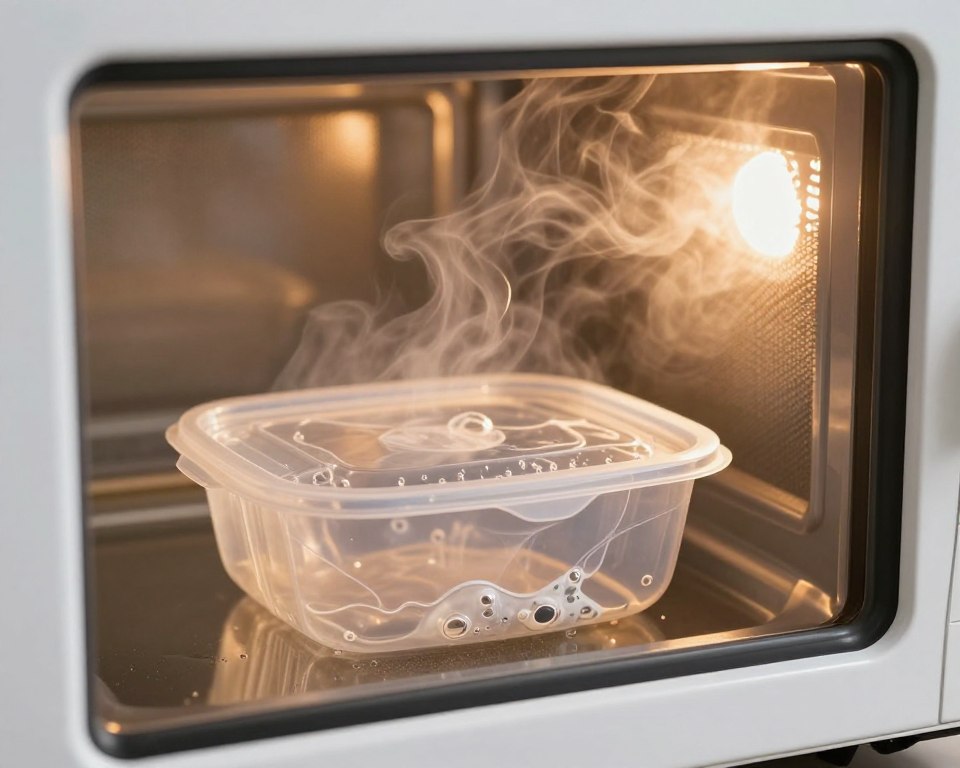 A visually striking image showcasing the effects of heat on plastic containers inside a microwave. In the foreground, focus on a warped, melted plastic container with visible bubbles and deformation, illustrating the impact of high temperatures. In the middle ground, a microwave door is slightly open, emitting soft, warm light that enhances the melted container’s details. The background includes an abstract representation of heat waves and steam rising, creating a sense of warmth and intensity. Use bright, natural lighting to highlight the textures and colors of the plastic, while maintaining a clear and professional tone. The overall atmosphere should evoke concern and curiosity about the effects of heating food in plastic containers.