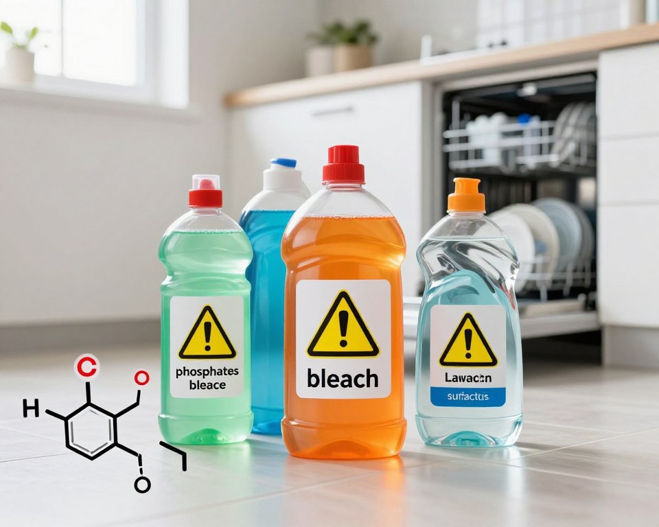 A visually striking infographic illustrating common harmful chemicals found in dishwasher detergents. In the foreground, prominent chemical structures of substances like phosphates, bleach, and surfactants are artistically arranged. In the middle, transparent bottles labeled with warning symbols hold vibrant colored liquids representing these harmful agents, creating a contrast with clear liquid soap. In the background, a clean kitchen scene features an open dishwasher and sparkling dishes, softly illuminated by natural light coming through a window, highlighting cleanliness. The mood is informative yet cautionary, designed to evoke curiosity and concern about the hidden dangers of common household products. The overall color palette blends bright, fresh tones with a hint of warning colors like caution yellow and deep orange, emphasizing the topic without overwhelming the viewer. A visually striking infographic illustrating common harmful chemicals found in dishwasher detergents. In the foreground, prominent chemical structures of substances like phosphates, bleach, and surfactants are artistically arranged. In the middle, transparent bottles labeled with warning symbols hold vibrant colored liquids representing these harmful agents, creating a contrast with clear liquid soap. In the background, a clean kitchen scene features an open dishwasher and sparkling dishes, softly illuminated by natural light coming through a window, highlighting cleanliness. The mood is informative yet cautionary, designed to evoke curiosity and concern about the hidden dangers of common household products. The overall color palette blends bright, fresh tones with a hint of warning colors like caution yellow and deep orange, emphasizing the topic without overwhelming the viewer.