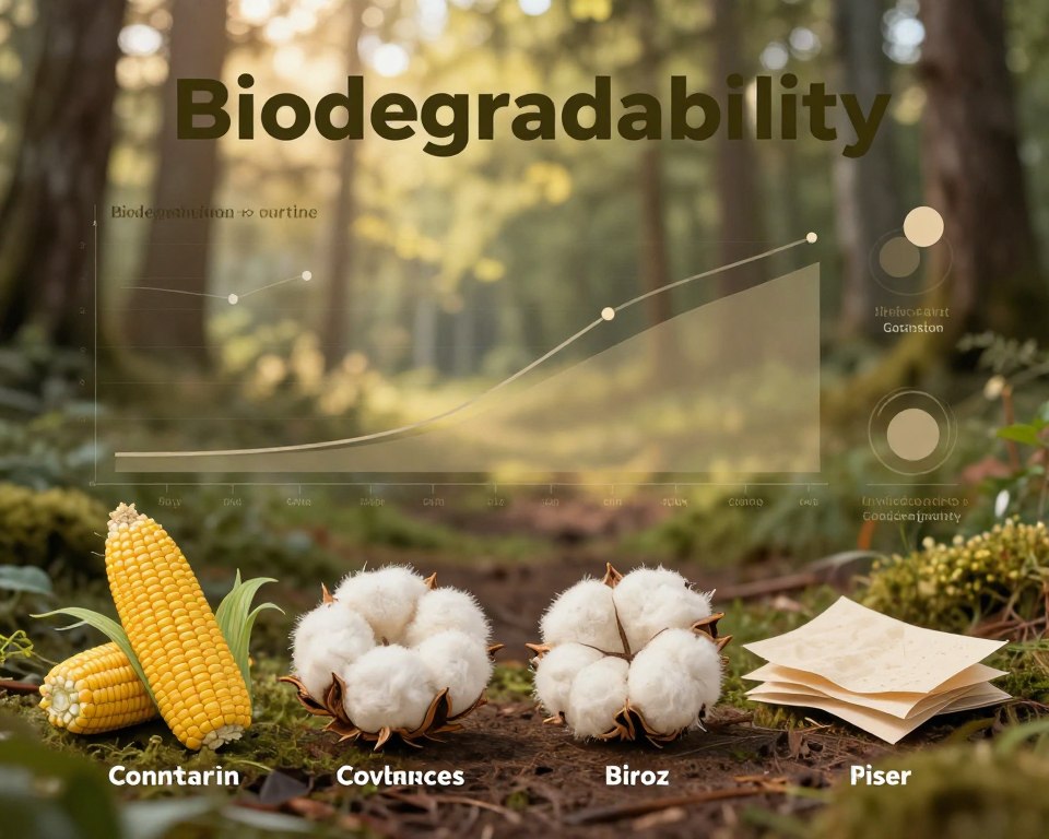 A visually striking infographic illustrating key facts about biodegradability. In the foreground, include detailed icons representing various biodegradable materials like cornstarch, cotton, and paper, meticulously rendered to highlight their textures. In the middle ground, subtle graphs and charts display biodegradation timelines and environmental impacts, using earth tones to evoke a natural feel. The background features a serene landscape of a forest, symbolizing nature’s harmony, with soft sunlight filtering through the trees to create a warm, inviting atmosphere. Use a shallow depth of field to keep the focus on the facts while lightly blurring the background. The overall mood should be informative yet hopeful, celebrating ecological sustainability.