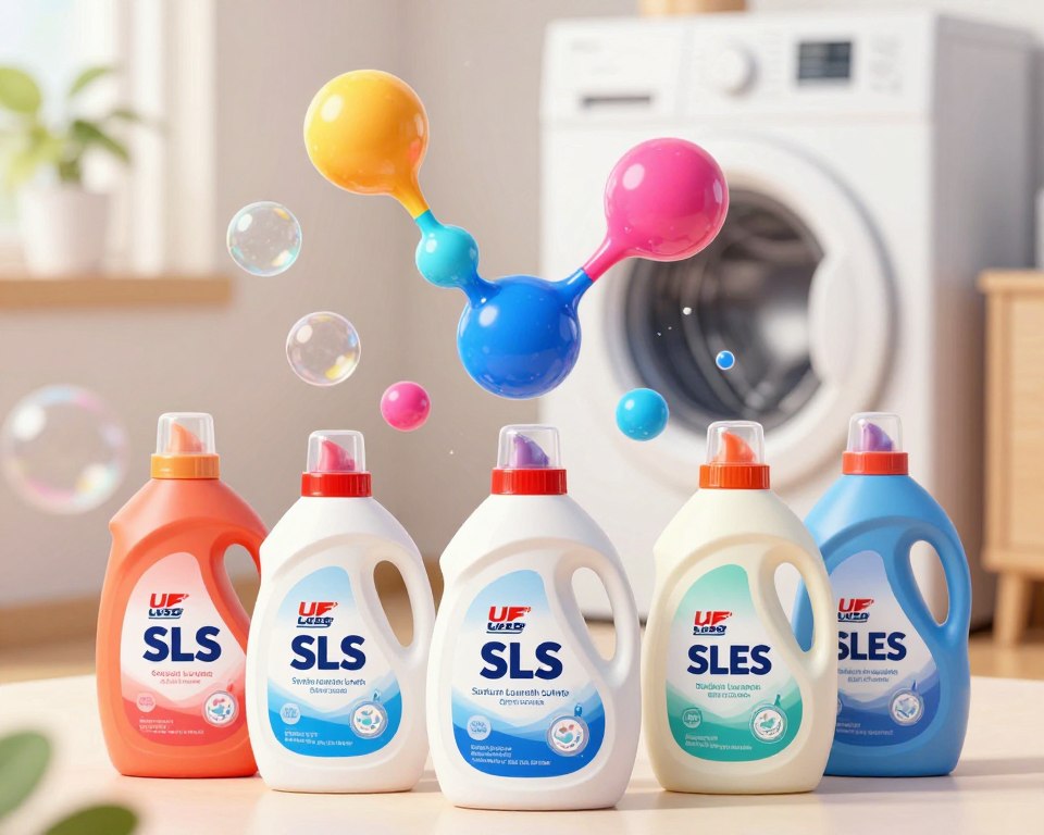 A visually striking infographic-style illustration depicting the role of surfactants in US detergents. In the foreground, display a variety of detergent bottles showing prominent labels such as Sodium Lauryl Sulfate (SLS) and Sodium Laureth Sulfate (SLES), elegantly arranged on a clean countertop. The middle ground should feature an abstract representation of surfactant molecules, emphasizing their structure and interaction with water, created with bright, vivid colors to symbolize cleanliness and efficiency. In the background, a blurred image of a washing machine and soap bubbles conveys a domestic setting, reflecting the practical usage of these detergents. Use soft, diffused lighting to create a warm and inviting atmosphere while maintaining a professional tone, shot with a slight overhead angle to capture all elements harmoniously without any text or overlays. A visually striking infographic-style illustration depicting the role of surfactants in US detergents. In the foreground, display a variety of detergent bottles showing prominent labels such as Sodium Lauryl Sulfate (SLS) and Sodium Laureth Sulfate (SLES), elegantly arranged on a clean countertop. The middle ground should feature an abstract representation of surfactant molecules, emphasizing their structure and interaction with water, created with bright, vivid colors to symbolize cleanliness and efficiency. In the background, a blurred image of a washing machine and soap bubbles conveys a domestic setting, reflecting the practical usage of these detergents. Use soft, diffused lighting to create a warm and inviting atmosphere while maintaining a professional tone, shot with a slight overhead angle to capture all elements harmoniously without any text or overlays.