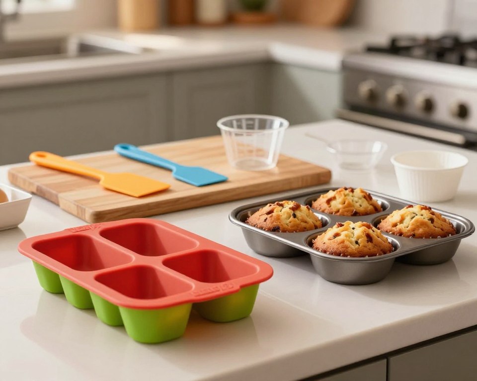 A visually striking kitchen countertop scene comparing silicone bakeware and traditional bakeware materials. In the foreground, a vibrant, colorful silicone baking mold sits next to a classic metal cake pan, both filled with freshly baked cakes. In the middle, a chopping board displays a few baking tools, such as spatulas and measuring cups, emphasizing the contrast between materials. The background features a soft-focus kitchen setting with warm lighting, highlighting a cozy and inviting atmosphere. The image is captured with a wide-angle lens to encompass the full range of utensils, and the gentle illumination casts a flattering glow on the objects, enhancing their textures and colors, while evoking a feeling of culinary creativity and safety.