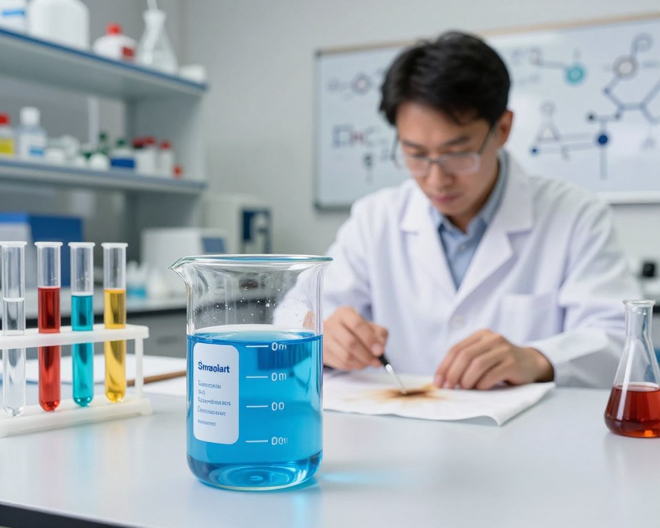 A visually striking laboratory scene focusing on a glass beaker filled with a vivid blue liquid, representing cold water detergent, placed prominently in the foreground. Surrounding the beaker are custom-designed test tubes with colorful detergents labeled by temperature settings, conveying the concept of effectiveness at varying degrees. In the middle ground, a scientist in a white lab coat, focused on conducting an experiment, analyzes the detergent's action against stains on fabric swatches, visibly demonstrating the detergent's effectiveness. The background features shelves lined with scientific equipment and chemical formulas on a whiteboard, enhancing the laboratory atmosphere. Soft, diffused lighting illuminates the scene, creating a clear, professional ambiance that invites curiosity. Overall, the image conveys a sense of rigor and exploration into detergent formulations and their temperature ranges. A visually striking laboratory scene focusing on a glass beaker filled with a vivid blue liquid, representing cold water detergent, placed prominently in the foreground. Surrounding the beaker are custom-designed test tubes with colorful detergents labeled by temperature settings, conveying the concept of effectiveness at varying degrees. In the middle ground, a scientist in a white lab coat, focused on conducting an experiment, analyzes the detergent's action against stains on fabric swatches, visibly demonstrating the detergent's effectiveness. The background features shelves lined with scientific equipment and chemical formulas on a whiteboard, enhancing the laboratory atmosphere. Soft, diffused lighting illuminates the scene, creating a clear, professional ambiance that invites curiosity. Overall, the image conveys a sense of rigor and exploration into detergent formulations and their temperature ranges.