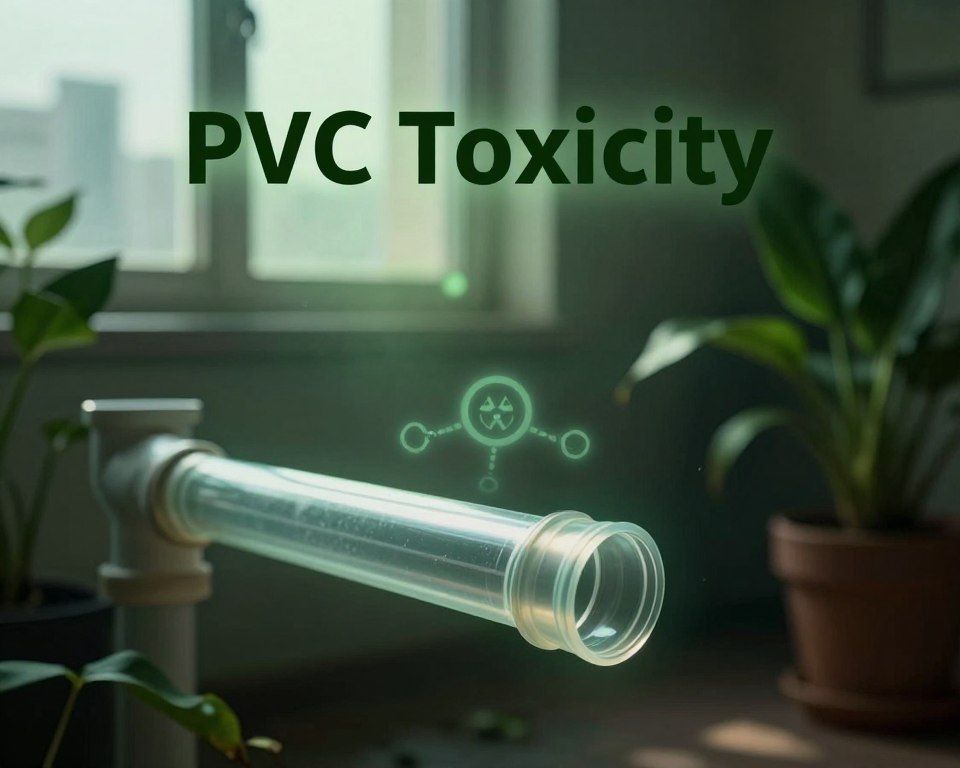 A visually striking representation of "PVC Toxicity" focused on the impact of indoor air quality. In the foreground, a close-up view of a clear PVC pipe is shown, with a faint aura of harmful chemical symbols subtly glowing around it, suggesting toxicity. The middle ground features a dimly lit room with plants wilting, indicating poor air quality. Sunlight filters in through a window, casting a soft glow that contrasts with the sickly green hue of the air, creating a sense of unease. Background elements include a faint city skyline, symbolizing urban pollution. The atmosphere is tense and unsettling, conveying the seriousness of PVC toxicity's effects on health. The lighting is dramatic, with high contrast to emphasize the discomforting subject matter.