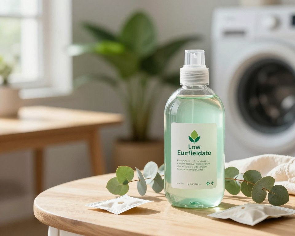 A visually striking representation of eco-friendly laundry soap, depicted in a clean, minimalist setting. In the foreground, a clear glass bottle filled with a light green liquid, showcasing natural ingredients like eucalyptus and tea tree branches, surrounded by a scattering of biodegradable packaging materials. In the middle ground, a softly illuminated wooden table adds warmth, with sunlight filtering through a nearby window, casting gentle shadows. The background features a lush, green plant and hints of a serene laundry space, emphasizing sustainability. The overall mood is fresh and inviting, highlighting the environmental benefits of using low-surfactant cleaning products while maintaining a professional and clean aesthetic. Ideal composition for an article on the impact of traditional detergents versus eco-friendly alternatives. A visually striking representation of eco-friendly laundry soap, depicted in a clean, minimalist setting. In the foreground, a clear glass bottle filled with a light green liquid, showcasing natural ingredients like eucalyptus and tea tree branches, surrounded by a scattering of biodegradable packaging materials. In the middle ground, a softly illuminated wooden table adds warmth, with sunlight filtering through a nearby window, casting gentle shadows. The background features a lush, green plant and hints of a serene laundry space, emphasizing sustainability. The overall mood is fresh and inviting, highlighting the environmental benefits of using low-surfactant cleaning products while maintaining a professional and clean aesthetic. Ideal composition for an article on the impact of traditional detergents versus eco-friendly alternatives.
