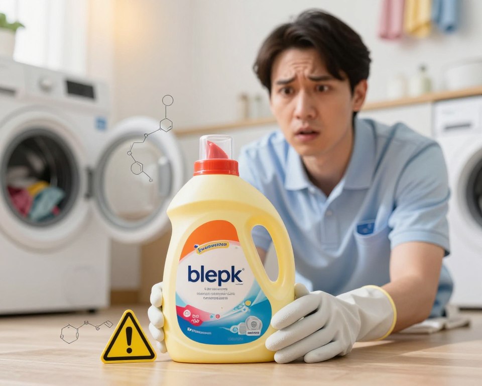 A visually striking representation of laundry detergent exposure risks, depicted in a domestic setting. In the foreground, a bottle of vibrant laundry detergent spills slightly, with caution symbols and chemical structure diagrams around it. In the middle ground, a concerned individual in professional attire is wearing gloves and observing the detergent closely, highlighting the importance of safe handling. The background features a bright, well-lit laundry room with washing machines and colorful fabrics, suggesting a typical household environment. The lighting should be soft and warm to create an inviting yet cautious atmosphere, with sharp focus on the detergent to emphasize its potential hazards. Use a slightly elevated angle to capture both the detergent and the person's expression of concern, enhancing the educational tone of the image.