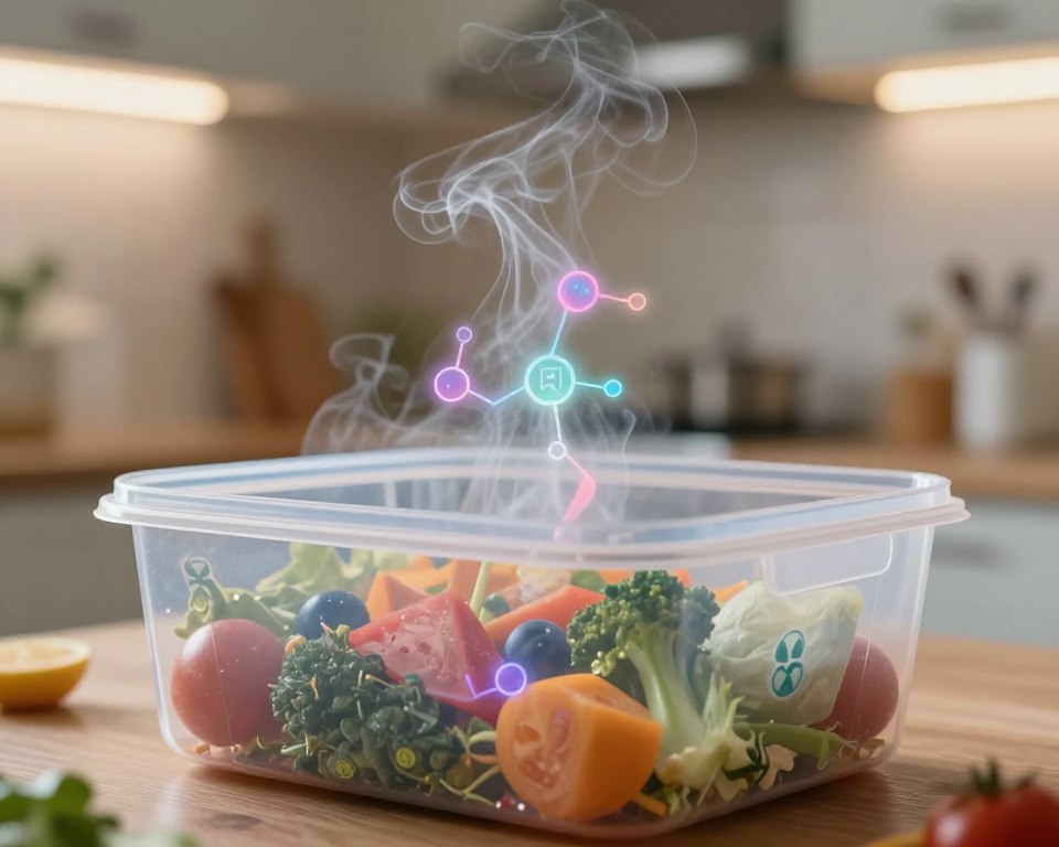 A visually striking representation of plastic toxicity, featuring a close-up of a transparent plastic food container, showing intricate details of chemical leaching. In the foreground, the container is half-filled with colorful, fresh food, contrasting with faint, toxic symbols gently glowing on its surface. In the middle ground, chemical compounds are illustrated as wispy, colorful vapors rising from the plastic, subtly intertwining with the food. The background depicts a serene kitchen environment, softly lit by warm overhead lighting, creating a homey yet unsettling atmosphere. The lens is focused sharply on the foreground, blurring the background to emphasize the toxicity concept. The overall mood conveys a sense of concern and awareness about health risks associated with disposable plastic use.