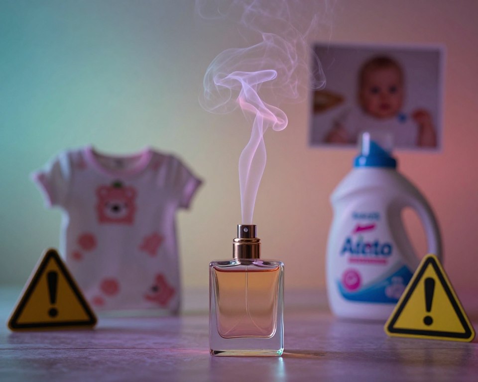 A visually striking representation of synthetic fragrance risks, focusing on a dramatic still-life composition. In the foreground, display an open bottle of synthetic fragrance, with swirling colorful vapors rising from it, symbolizing complexity and potential danger. Surround the bottle with caution symbols, such as a warning triangle and an exclamation mark, subtly integrated into the scene. In the middle ground, position faded images of babies’ clothing and detergent boxes, hinting at the article's subject while maintaining a soft focus. In the background, use a blurred gradient of pastel colors to suggest a serene environment, with dim, ambient lighting creating a slightly ominous atmosphere. The overall mood should evoke caution and contemplation, emphasizing the importance of fragrance safety without overt fear. A visually striking representation of synthetic fragrance risks, focusing on a dramatic still-life composition. In the foreground, display an open bottle of synthetic fragrance, with swirling colorful vapors rising from it, symbolizing complexity and potential danger. Surround the bottle with caution symbols, such as a warning triangle and an exclamation mark, subtly integrated into the scene. In the middle ground, position faded images of babies’ clothing and detergent boxes, hinting at the article's subject while maintaining a soft focus. In the background, use a blurred gradient of pastel colors to suggest a serene environment, with dim, ambient lighting creating a slightly ominous atmosphere. The overall mood should evoke caution and contemplation, emphasizing the importance of fragrance safety without overt fear.