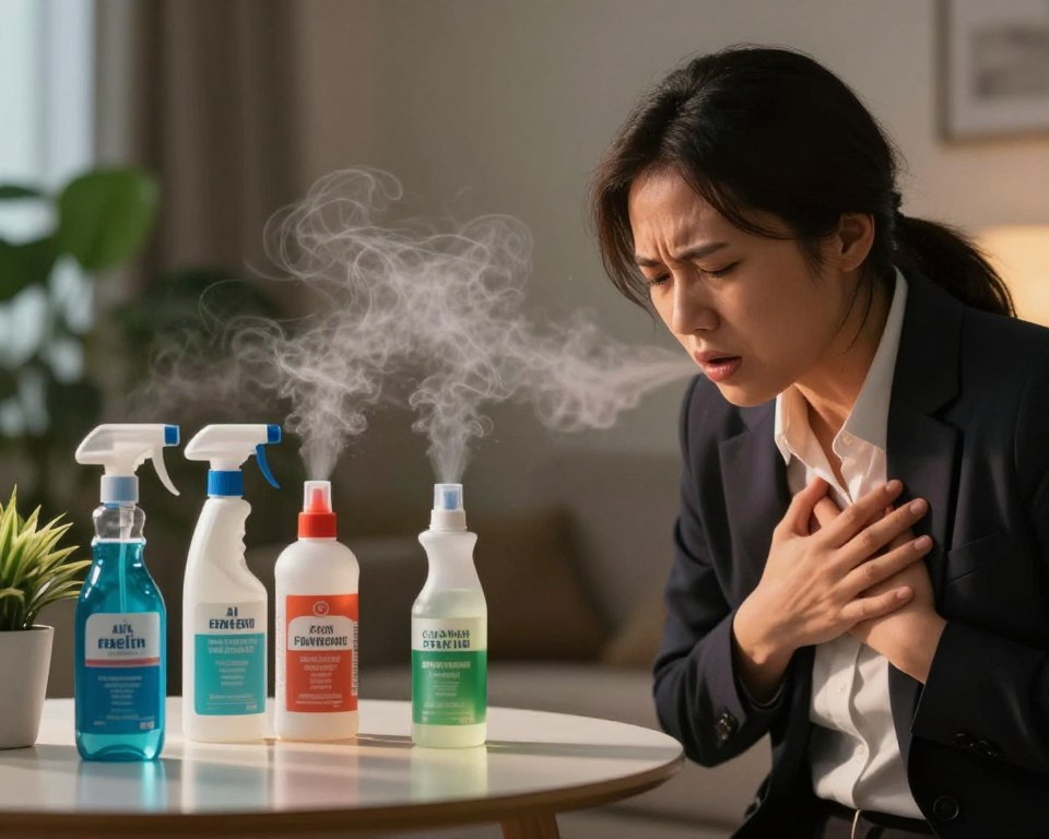 A visually striking representation of the health effects of air fresheners, focused on identifying symptoms of fragrance-induced respiratory distress. In the foreground, a concerned individual wearing professional attire, clutching their chest in discomfort, symbolizes the impact of air fresheners on health. In the middle ground, a collection of common air fresheners on a table, emitting visible, swirling clouds of scented particles. In the background, a softly lit indoor environment with houseplants, creating a contrast between nature and artificial scents. The lighting is warm yet slightly dim to evoke a sense of unease. The atmosphere is tense, highlighting the hidden dangers of seemingly harmless products, with a focus on respiratory distress symptoms like coughing or shortness of breath. No text or watermarks are present in the image.
