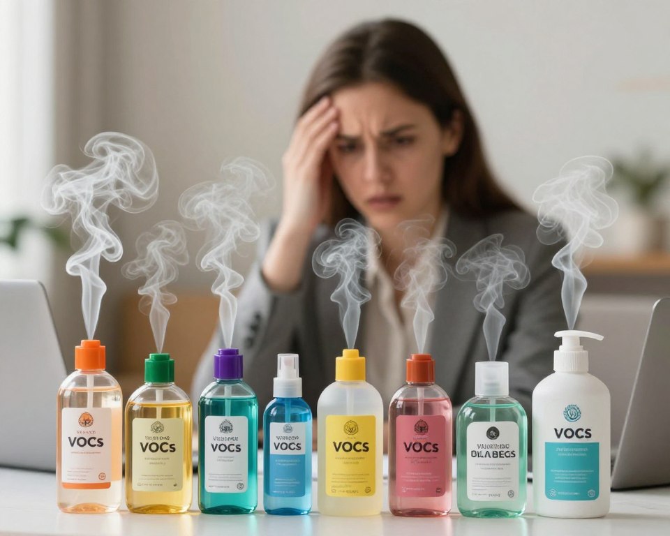 A visually striking representation of volatile organic compounds (VOCs) released from a variety of air fresheners. In the foreground, a selection of colorful air freshener containers is displayed, with whimsical, swirling vapor lines illustrating the release of invisible chemicals. In the middle ground, showcase a blurred-out image of a concerned individual in professional attire, as they examine the labels on the containers, emphasizing the lack of information. The background features a soft-focus, indoor environment, such as a living room or office, bathed in warm, natural light to evoke a sense of calm. The overall mood is thoughtful and slightly tense, highlighting the hidden dangers of VOCs while addressing regulatory gaps in fragrance labeling.