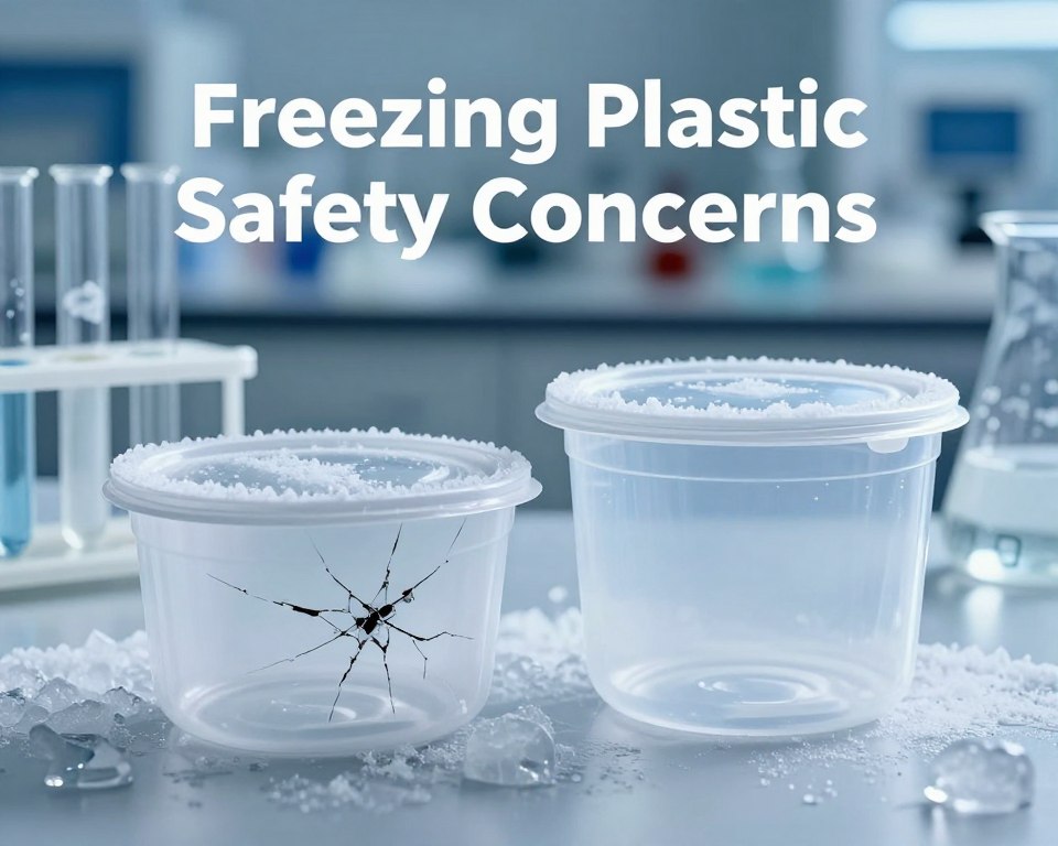 A visually striking scene illustrating "Freezing Plastic Safety Concerns." In the foreground, feature a split view of a single-use plastic container, showcasing cracks and distortions due to freezing temperatures, beside a reusable plastic container that appears intact and durable. In the middle ground, include a scientific lab setting with a test tube rack, frosty beakers, and ice crystals forming around the containers to emphasize the temperature aspect. The background should depict a softly lit laboratory with cool blue hues to evoke a sense of coldness and caution. The overall mood is serious yet informative, focusing on the contrasting durability of single-use versus reusable plastics when subjected to freezing. Capture the scene with a slightly angled lens to add depth and perspective.