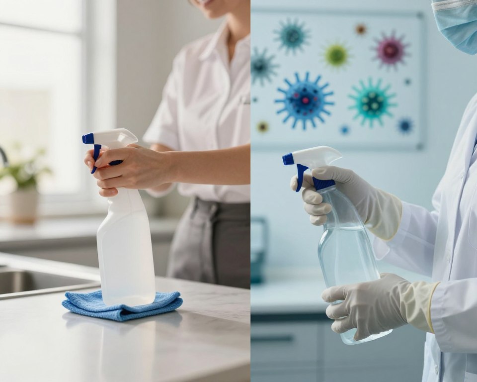 A visually striking split-image composition portraying the distinction between cleaning and disinfecting. On the left, a bright, pristine kitchen scene with a person in professional business attire using a spray bottle and cloth, showcasing the act of cleaning surfaces. The light is soft and welcoming, highlighting the cleanliness of the area. On the right, a clinical environment where another individual, also in professional attire, applies a disinfectant spray with protective gloves, emphasizing the sanitization aspect. The background shows a chart illustrating germs being eliminated, bathed in cooler, sterile lighting. The contrasting colors of warm tones on the cleaning side and cool tones on the disinfecting side create a dynamic visual narrative, symbolizing the importance of both processes in maintaining hygiene. Ensure no text or distractions are present in the image.