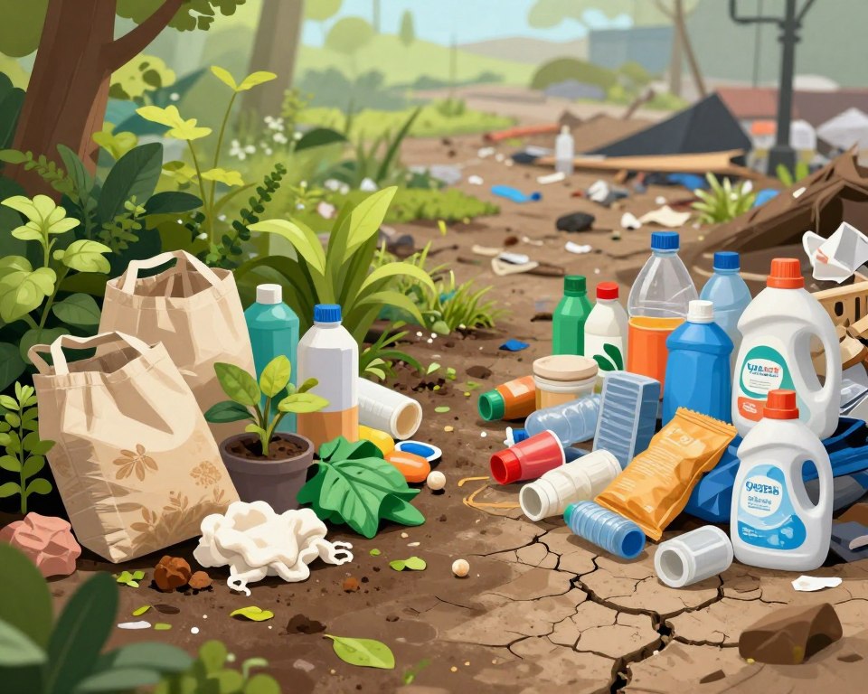 A visually striking split-scene illustration showcasing the contrast between biodegradable and non-biodegradable materials. In the foreground, on the left side, vividly depict a pile of biodegradable items such as compostable bags, organic cotton, and plant-based detergents, surrounded by lush green plants and earth, conveying a sense of harmony with nature. On the right side, a contrasting pile of non-biodegradable plastics, synthetic materials, and conventional laundry detergents, displayed starkly against a polluted landscape of discarded waste and dry, cracked earth. The middle ground blends both sides, with a blurred transition, suggesting the interconnectedness of these materials. Use soft, natural lighting on the left and harsh, industrial lighting on the right to enhance the mood and atmosphere. Capture this scene from a slightly elevated angle, emphasizing the division without clutter.