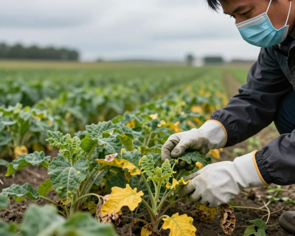 A vivid depiction of glyphosate toxicity in an agricultural setting. In the foreground, an agricultural worker wearing a protective mask and gloves, inspecting plants with visible symptoms of toxicity, such as yellowing leaves and wilting. In the middle, rows of crops showing contrasting healthy and affected plants, illustrating the impact of glyphosate. The background features a blurred view of a farm, with a cloudy sky casting diffuse, soft lighting, enhancing the somber mood of the scene. Use a close-up angle to emphasize the details of the worker's careful examination and the distressed plants. The image conveys a sense of urgency and concern for occupational safety in agriculture. A vivid depiction of glyphosate toxicity in an agricultural setting. In the foreground, an agricultural worker wearing a protective mask and gloves, inspecting plants with visible symptoms of toxicity, such as yellowing leaves and wilting. In the middle, rows of crops showing contrasting healthy and affected plants, illustrating the impact of glyphosate. The background features a blurred view of a farm, with a cloudy sky casting diffuse, soft lighting, enhancing the somber mood of the scene. Use a close-up angle to emphasize the details of the worker's careful examination and the distressed plants. The image conveys a sense of urgency and concern for occupational safety in agriculture.