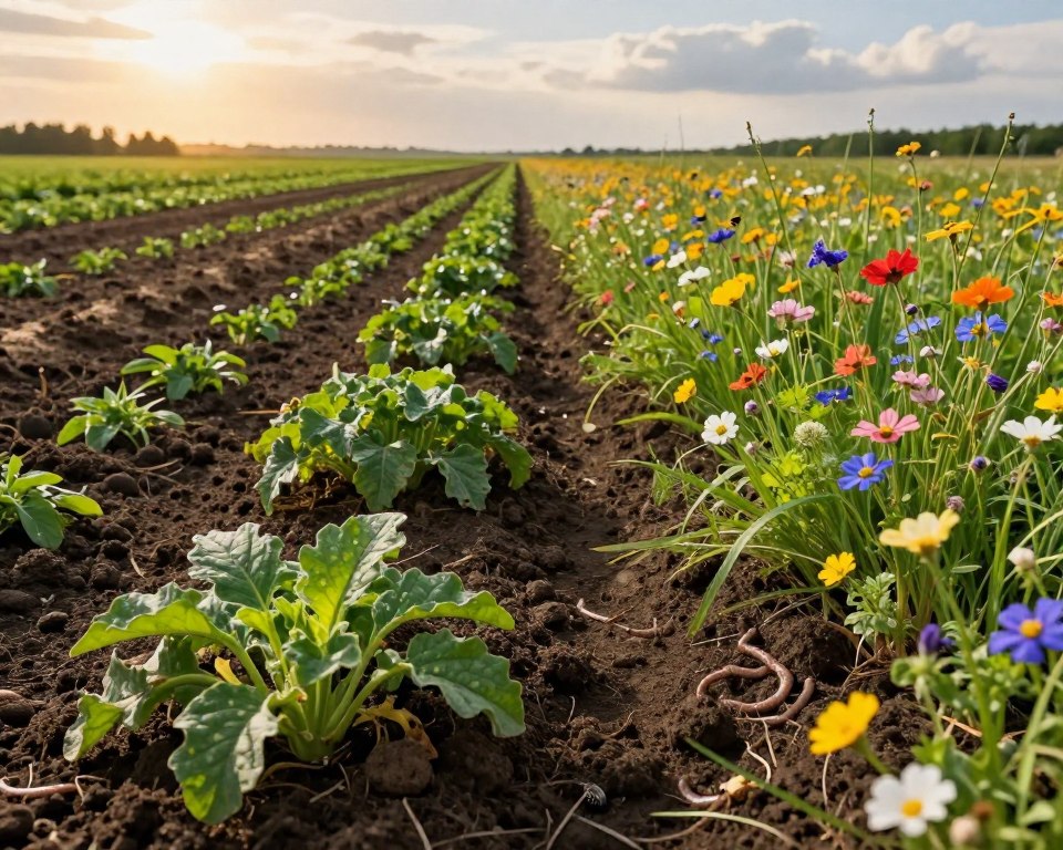 A vivid depiction of the environmental impact of Roundup, showcasing a vibrant, healthy soil ecosystem in the foreground with rich, dark earth, lush green plants, and a variety of colorful wildflowers. In the middle ground, illustrate two contrasting sections: one visibly suffering from chemical exposure—wilted plants, barren patches, and signs of erosion—while the other thrives with biodiversity, insects, and earthworms. In the background, a serene landscape under soft, golden hour lighting, adding warmth and contrast to the scene. Use a wide-angle lens to capture the depth of the environment, creating a mood that balances concern and hope for soil health. No text or watermarks present in the image.