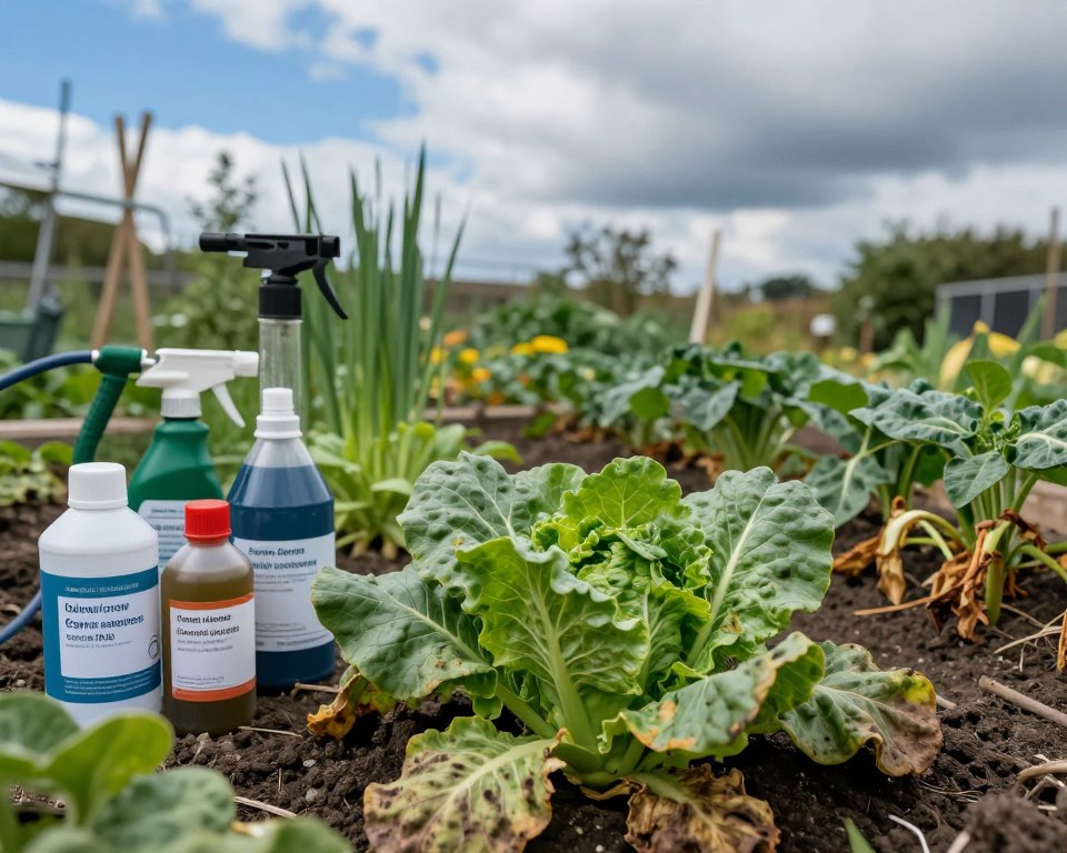 A vivid garden scene illustrating chemical contamination, with a close-up of vibrant green vegetables showing discoloration and spots, indicating chemical exposure. In the foreground, include a garden sprayer and bottles labeled with common chemical names, such as pesticides and herbicides. The middle ground features lush garden beds surrounded by wilting plants, with some vegetables starting to die off. In the background, a clear blue sky transitions to overcast, creating a contrasting atmosphere of concern. Soft, diffused natural lighting casts gentle shadows, highlighting the textures of leaves and soil, evoking an unsettling mood of caution. The scene captures an ominous warning about the hazards of garden chemicals while maintaining a professional, informative appeal.