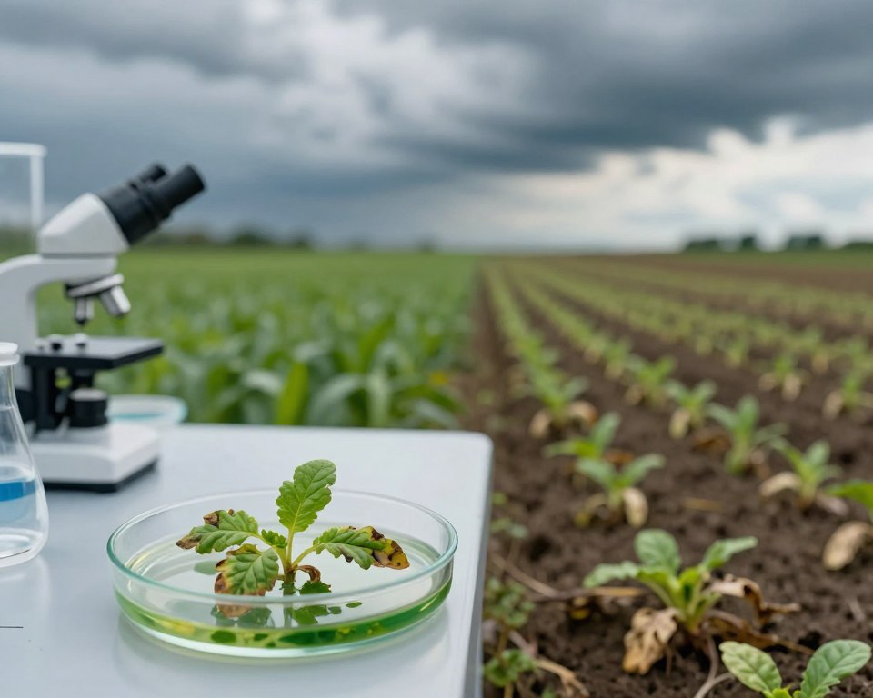 A vivid illustration depicting the concept of herbicide toxicity, featuring a split scene to visually contrast acute and chronic effects. In the foreground, a laboratory setting with a scientist in professional attire examining a petri dish containing vibrant green plant samples showing signs of wilting and discoloration, symbolizing acute toxicity. In the middle ground, display a lush field affected by herbicide with sparse, dying plants, illustrating chronic toxicity. The background should feature a cloudy sky, casting dramatic lighting over the scene, evoking a somber and cautionary atmosphere. Use a shallow depth of field to focus on the details of the foreground while softly blurring elements in the background, enhancing the emotional impact of the message.