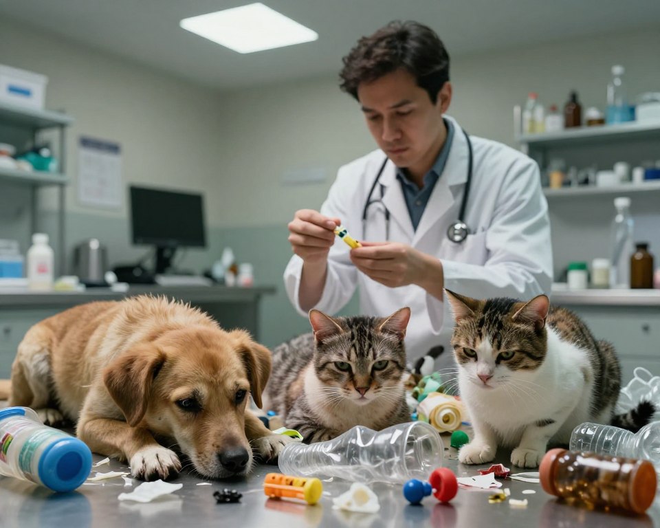 A vivid illustration depicting the harmful effects of plastic toxicity in veterinary contexts. Foreground shows distressed animals, like a dog and cat, with visible signs of health issues, such as fur loss and lethargy, while they are surrounded by scattered plastic waste. The middle ground features a veterinary professional, dressed in a lab coat, examining samples from these animals, with a focused expression, highlighting a serious approach to animal care. The background includes a cluttered veterinary clinic, illuminated by soft overhead lights, creating a warm yet clinical atmosphere. The color palette uses muted tones to convey urgency and concern, with shadows enhancing the depth and gravity of the scene. The image captures a moment of reflection on the impact of plastics on animal health, inviting empathy and awareness. A vivid illustration depicting the harmful effects of plastic toxicity in veterinary contexts. Foreground shows distressed animals, like a dog and cat, with visible signs of health issues, such as fur loss and lethargy, while they are surrounded by scattered plastic waste. The middle ground features a veterinary professional, dressed in a lab coat, examining samples from these animals, with a focused expression, highlighting a serious approach to animal care. The background includes a cluttered veterinary clinic, illuminated by soft overhead lights, creating a warm yet clinical atmosphere. The color palette uses muted tones to convey urgency and concern, with shadows enhancing the depth and gravity of the scene. The image captures a moment of reflection on the impact of plastics on animal health, inviting empathy and awareness.