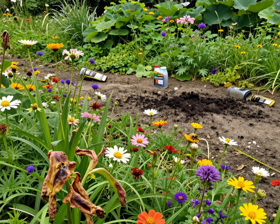 A vivid, thought-provoking scene illustrating the environmental impact of Roundup on biodiversity and pollinators. In the foreground, depict a diverse array of flowers and plants showing signs of distress, such as wilting leaves and fading colors, suggesting pesticide damage. Among the flora, include a few struggling bees and butterflies, symbolizing the declining pollinator populations. The middle of the image features a barren patch of land with remnants of Roundup containers, accentuating the pesticide's presence. In the background, a vibrant, healthy natural ecosystem contrasts this damage, showcasing lush greenery and abundant wildlife, evoking a sense of loss. Use soft, natural lighting to create a melancholic yet hopeful atmosphere, emphasizing the urgency of protecting our environment. The composition should convey a deep narrative about the hidden consequences of agricultural chemicals.