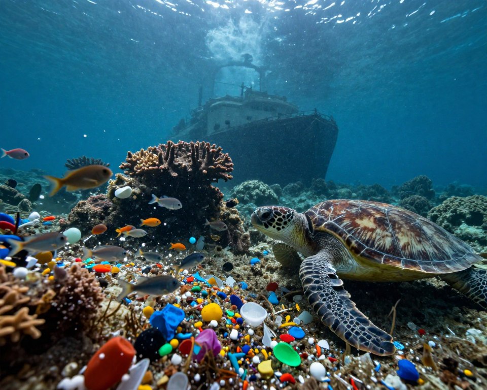 A vivid underwater scene illustrates the impact of microplastics on marine life. In the foreground, a school of small fish swims through fragmented plastic debris, including tiny particles and colorful plastic bits mingling with plankton. A curious sea turtle hesitates nearby, observing the unnaturally bright colors and unnatural textures of the plastics. The middle ground features coral formations overtaken by microplastics, with a somber atmosphere reflecting the health risks associated with pollution. In the background, a faint silhouette of a sunken ship is barely visible, surrounded by a cloud of marine life trying to navigate through the debris. The lighting is dim, with rays of sunlight filtering through the water, creating a somber, moody ambiance that emphasizes the dangers of microplastics in the ocean ecosystem.