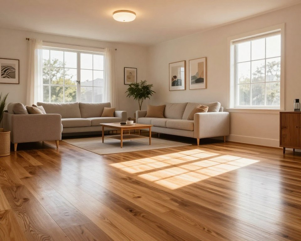 A warm, inviting interior showcasing solid hardwood flooring, elegantly installed in a sunlit living room. In the foreground, a polished oak floor with rich grains reflects the natural light filtering through large windows, casting gentle shadows. Above, a soft, ambient glow from stylish ceiling lights enhances the warm tones of the wood. Themiddle features a cozy arrangement of modern, sustainable furniture, including a neutral-colored sofa and a small potted plant, adding a touch of green. In the background, airy white walls and tasteful artwork create a soothing atmosphere, promoting the idea of a healthy home environment. Soft, natural textures dominate the scene, conveying a mood of tranquility and safety, emphasizing the benefits of choosing non-toxic materials for interior spaces. A warm, inviting interior showcasing solid hardwood flooring, elegantly installed in a sunlit living room. In the foreground, a polished oak floor with rich grains reflects the natural light filtering through large windows, casting gentle shadows. Above, a soft, ambient glow from stylish ceiling lights enhances the warm tones of the wood. Themiddle features a cozy arrangement of modern, sustainable furniture, including a neutral-colored sofa and a small potted plant, adding a touch of green. In the background, airy white walls and tasteful artwork create a soothing atmosphere, promoting the idea of a healthy home environment. Soft, natural textures dominate the scene, conveying a mood of tranquility and safety, emphasizing the benefits of choosing non-toxic materials for interior spaces.