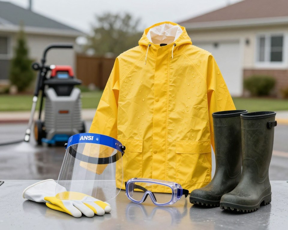 A well-lit image showcasing personal protective equipment (PPE) for pressure washing. In the foreground, feature a sturdy pair of rubber gloves, a protective face shield, and ANSI-compliant safety goggles, all displayed prominently on a clean, industrial surface. In the middle, include a bright yellow rain suit, reflecting water droplets, suggesting its use in wet environments, and durable rubber boots designed for traction. The background should depict a blurred outdoor setting of a residential area, hinting at a pressure washing scenario, with a large pressure washer visible but not the focal point. The lighting should be natural, simulating daylight to emphasize cleanliness and safety. The overall mood should convey professionalism and preparedness.