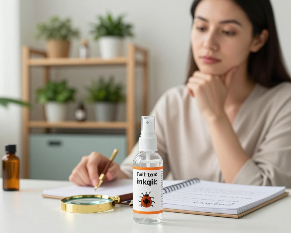 A well-lit indoor setting featuring a professional-looking woman, dressed in modest casual attire, examining a bottle of tick spray with a thoughtful expression. In the foreground, the tick spray bottle stands prominently on a clean surface, with droplets of condensation adding a touch of realism. The middle ground includes a notebook with handwritten notes about tick safety and a small magnifying glass, symbolizing research. In the background, a shelf filled with natural remedies and plants conveys a sense of wellness and safety. The overall mood is informative and cautious, with soft, natural lighting creating an inviting atmosphere that encourages contemplation about the safety of daily tick spray use. A well-lit indoor setting featuring a professional-looking woman, dressed in modest casual attire, examining a bottle of tick spray with a thoughtful expression. In the foreground, the tick spray bottle stands prominently on a clean surface, with droplets of condensation adding a touch of realism. The middle ground includes a notebook with handwritten notes about tick safety and a small magnifying glass, symbolizing research. In the background, a shelf filled with natural remedies and plants conveys a sense of wellness and safety. The overall mood is informative and cautious, with soft, natural lighting creating an inviting atmosphere that encourages contemplation about the safety of daily tick spray use.