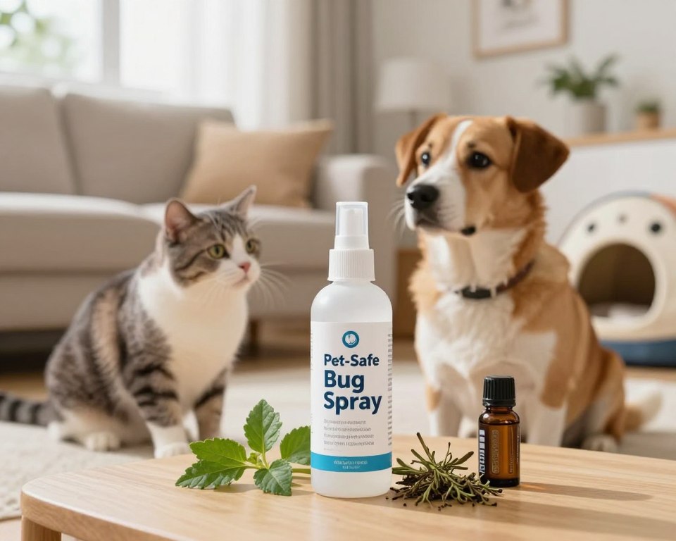 A well-lit indoor setting featuring an effective bug spray product designed specifically for pets. In the foreground, display a sleek, modern bottle labeled as "Pet-Safe Bug Spray," surrounded by ingredients like natural herbs and essential oils to emphasize its safety. In the middle ground, show a curious cat and a playful dog observing the bug spray with interest, their expressions conveying curiosity rather than fear. The background should include a cozy living room with pet-friendly furniture, such as a soft couch and a playful pet bed, ensuring a warm, inviting atmosphere. Bright, natural lighting stream through a window, creating a calm and reassuring environment. The scene aims to highlight the balance of home comfort and pet safety in relation to bug control.