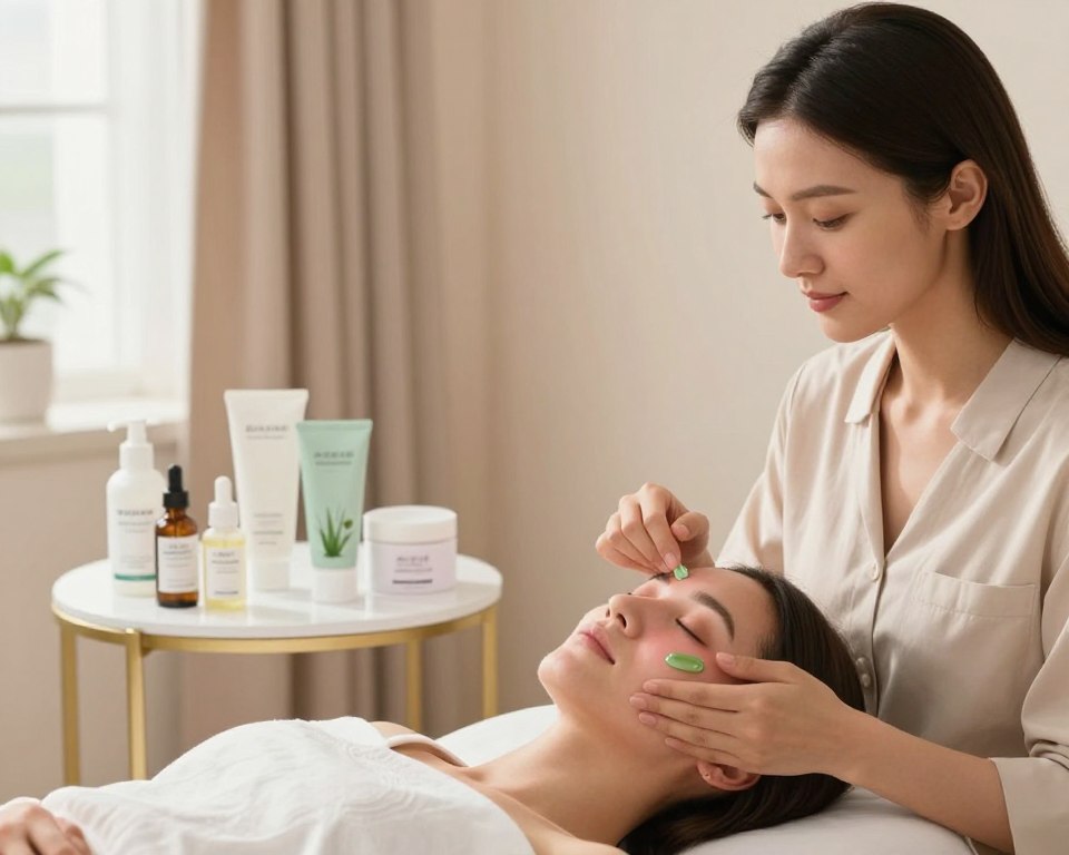 A well-lit indoor setting showcasing a beauty professional, a woman in a smart casual outfit, demonstrating techniques for managing skin redness after a chemical peel. In the foreground, the beauty professional gently applies a soothing green gel to a model's face, highlighting a nurturing and informative atmosphere. In the middle ground, a small, organized table displays various skincare products labeled with soothing ingredients like aloe and chamomile. The background features soft pastel colors, contributing to a calming ambiance. Natural light filters through a window, casting a warm glow over the scene, creating an inviting and peaceful mood that emphasizes care and professionalism in skincare treatments. A well-lit indoor setting showcasing a beauty professional, a woman in a smart casual outfit, demonstrating techniques for managing skin redness after a chemical peel. In the foreground, the beauty professional gently applies a soothing green gel to a model's face, highlighting a nurturing and informative atmosphere. In the middle ground, a small, organized table displays various skincare products labeled with soothing ingredients like aloe and chamomile. The background features soft pastel colors, contributing to a calming ambiance. Natural light filters through a window, casting a warm glow over the scene, creating an inviting and peaceful mood that emphasizes care and professionalism in skincare treatments.