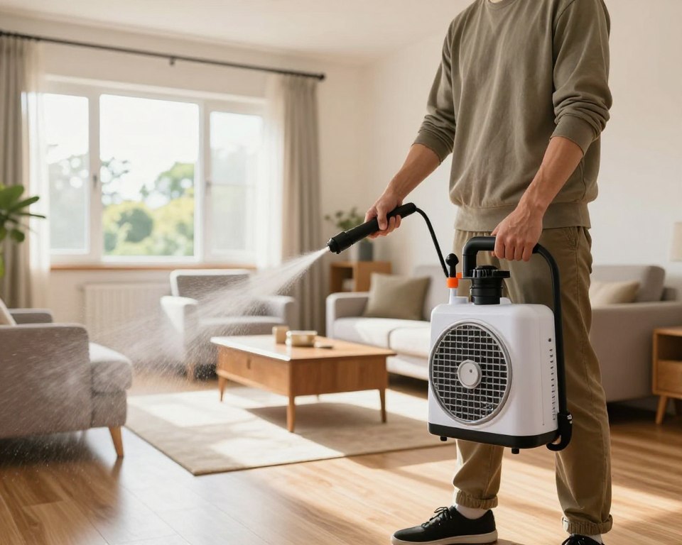 A well-lit indoor setting showcasing the proper use of indoor pest control products, specifically a bug fogger. In the foreground, a person wearing modest casual clothing stands confidently while holding a fogger, carefully preparing to spray. The middle ground features a clean and organized living room with furniture pushed aside, creating a safe zone. In the background, there is an open window for ventilation, with a clear view of a sunny day outside. The overall atmosphere emphasizes safety and professionalism, with warm, inviting lighting creating a sense of calm. The camera angle is slightly high, focused on the action of the person applying the fogger, capturing their concentration and diligence in pest control.