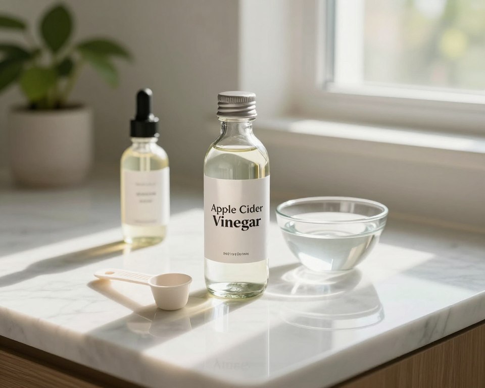 A well-lit, inviting bathroom countertop scene featuring a glass bottle labeled "Apple Cider Vinegar" alongside a small bowl of water for dilution. In the foreground, a pair of clean measuring spoons is positioned, emphasizing the proper method for diluting the ACV. The middle ground showcases a stylish, minimalistic tincture bottle with a dropper, hinting at the application process. Reflections in the marble countertop add depth, with soft, natural daylight streaming in from a nearby window, creating a warm and soothing atmosphere. In the background, lush green plants peek through, enhancing the refreshing, natural vibe of skincare. The overall mood conveys professionalism and clarity in a skincare routine, while maintaining a clean and organized aesthetic.