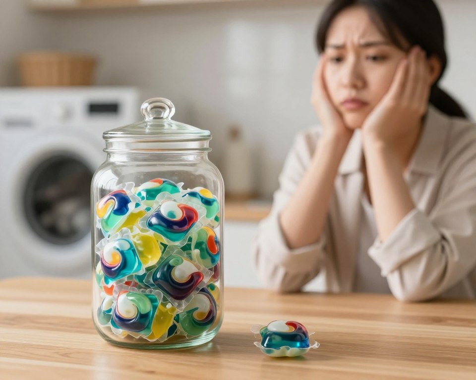 A well-lit kitchen scene showcasing a clear glass jar filled with colorful laundry pods, prominently displayed on a wooden countertop. In the foreground, focus on the jar, emphasizing the vibrant colors of the pods against the transparent glass. In the middle ground, include a person in professional attire, looking thoughtfully at the jar, depicting concern for safety. Soft, natural lighting creates a warm atmosphere, while a blurred backdrop features a neatly organized laundry space, hinting at a family-oriented environment. The image conveys a sense of caution and awareness regarding laundry pod storage, emphasizing the need for safety in a household setting. No text or distractions in the image. A well-lit kitchen scene showcasing a clear glass jar filled with colorful laundry pods, prominently displayed on a wooden countertop. In the foreground, focus on the jar, emphasizing the vibrant colors of the pods against the transparent glass. In the middle ground, include a person in professional attire, looking thoughtfully at the jar, depicting concern for safety. Soft, natural lighting creates a warm atmosphere, while a blurred backdrop features a neatly organized laundry space, hinting at a family-oriented environment. The image conveys a sense of caution and awareness regarding laundry pod storage, emphasizing the need for safety in a household setting. No text or distractions in the image.